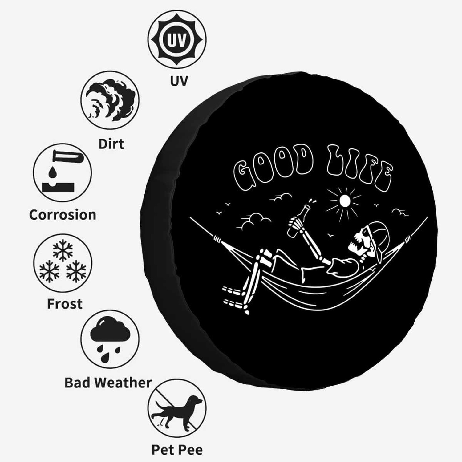 Skeleton in Hammock Spare Tire Cover Beautiful Life White Black Background Wh…
