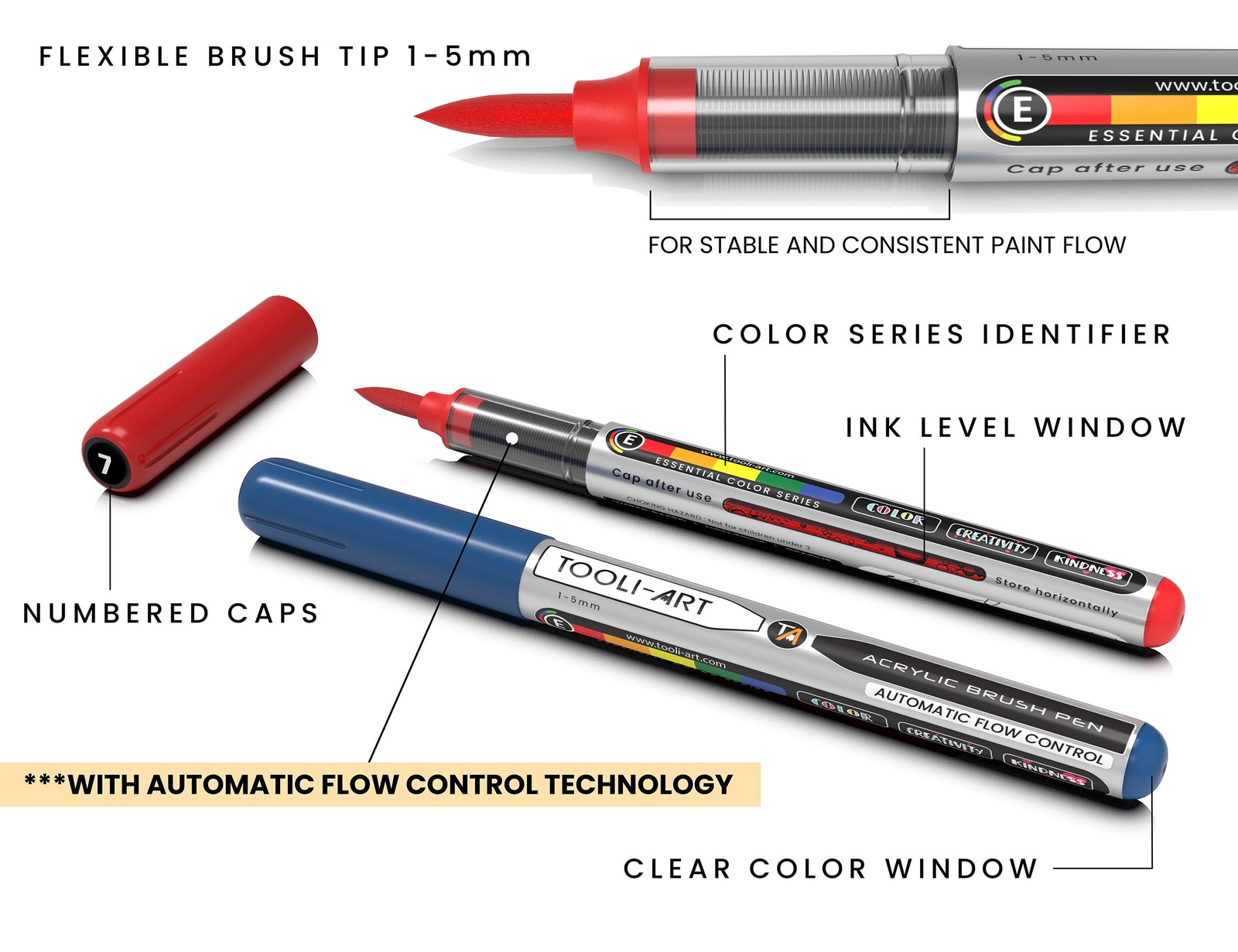 36 Essential Flexible Brush Acrylic Paint Pens AUTOMATIC FLOW CONTROL 1-5mm