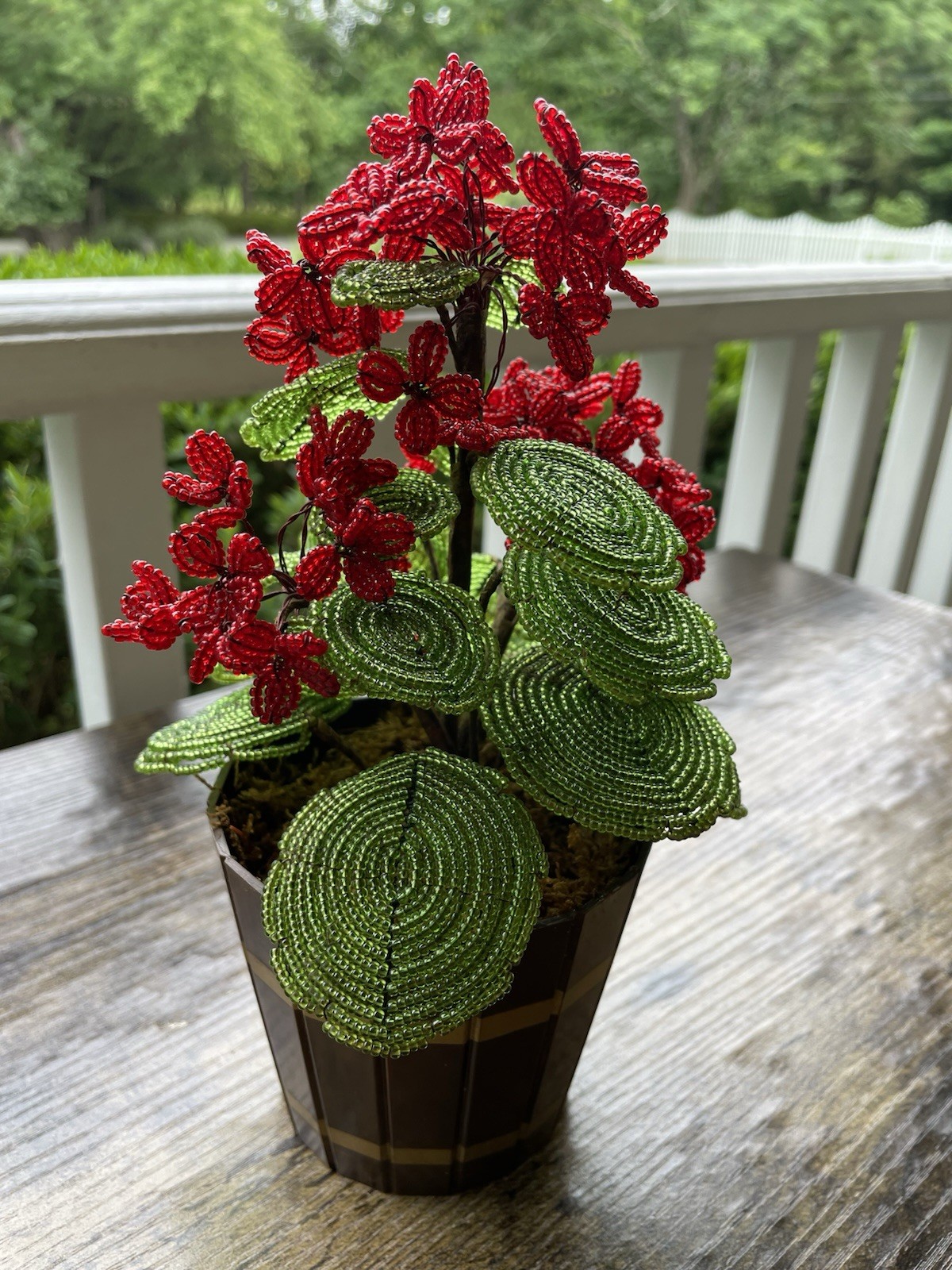 Vintage French Glass Seed Beaded Flowers Red Geranium Beaded Potted Arrangement