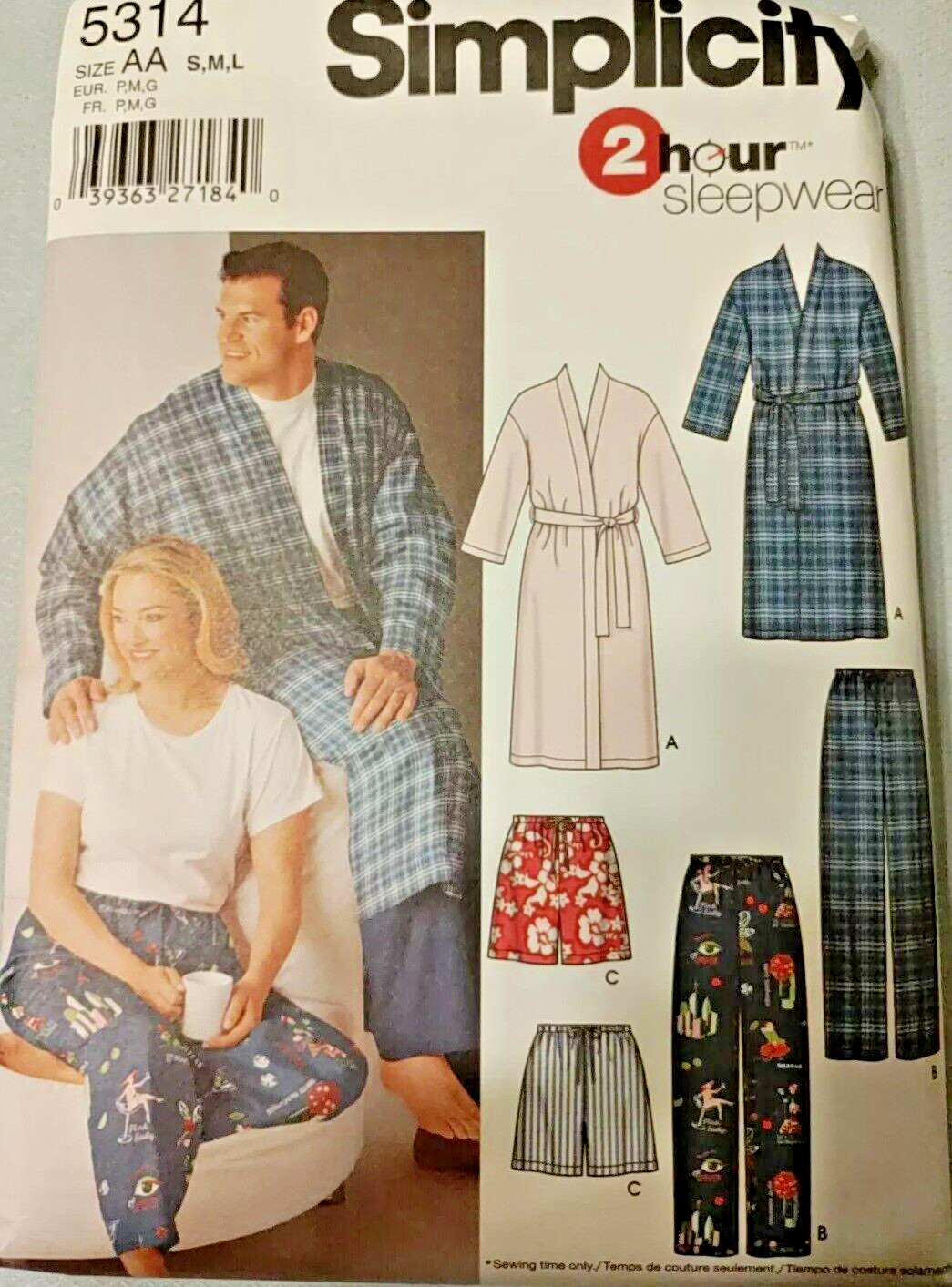 Simplicity 2 hour Pattern 5314 Unisex Adult Pajama Pants Shorts Bath Robe S~XXXL