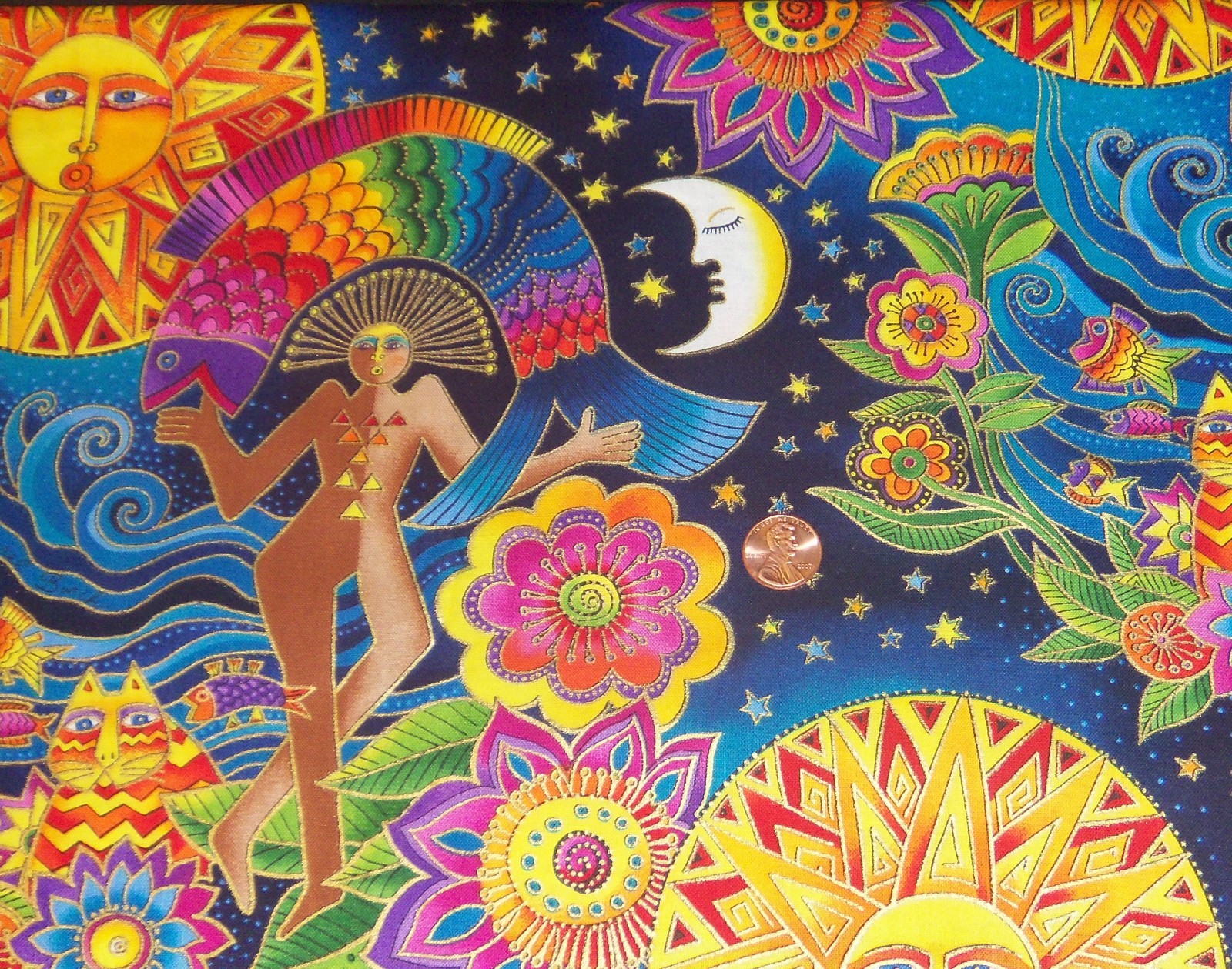 Pretty ~Celestial Dreams~ Laurel Burch Lt Blu Fabric Suns Moons less than 1/2 YD
