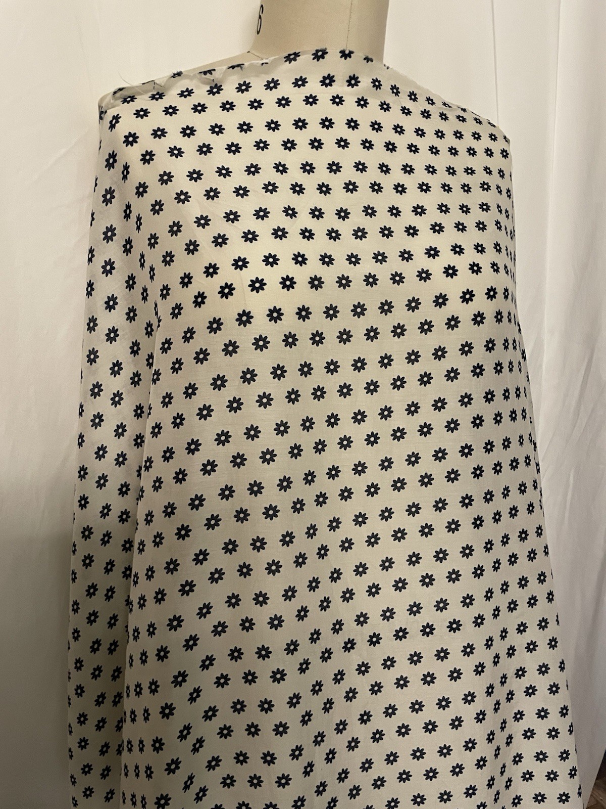 100% Fine Silk Batiste White Navy Blue Floral Motif Fabric 1.75 Yds Long 54″Wide