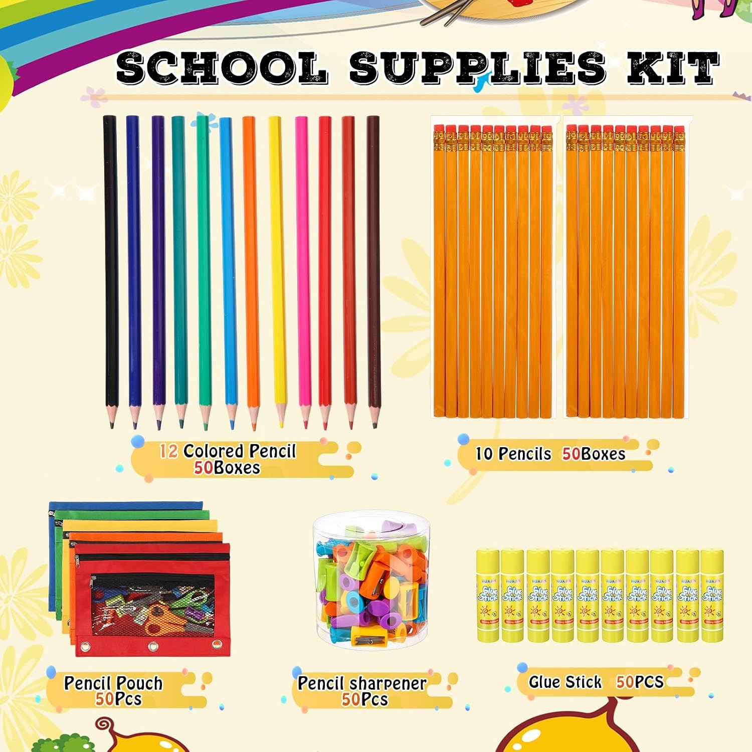 272pc 50 School Supply Kits Bulk Classroom Donation Stationery Set Supplies