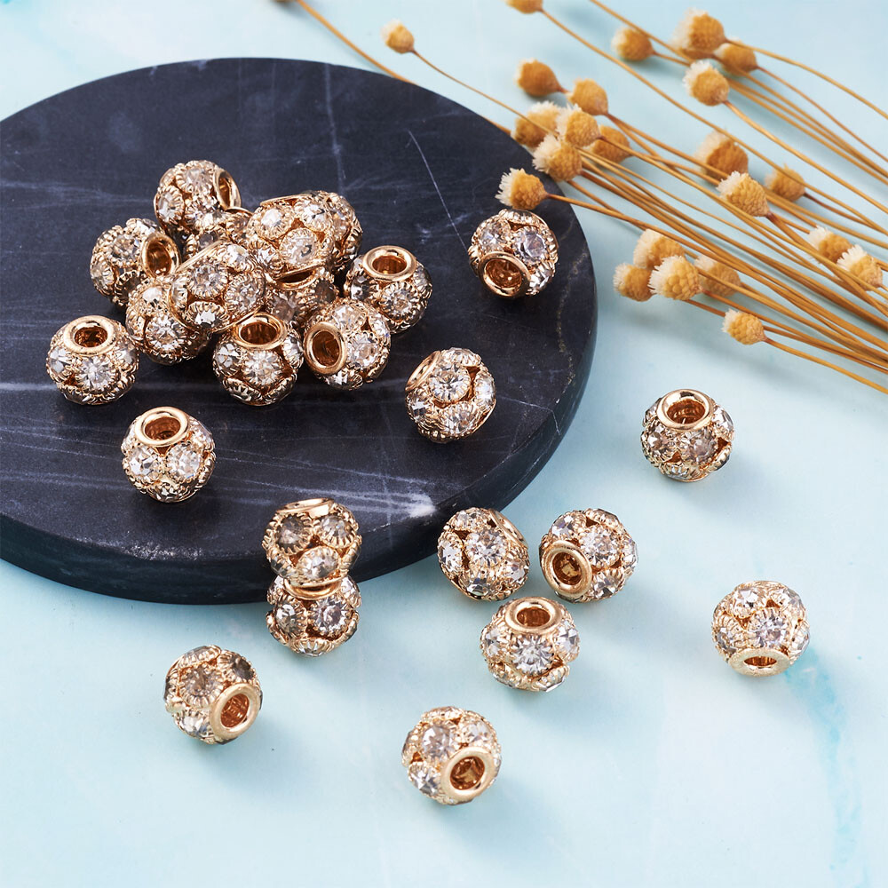 30x Rondelle Light Gold Crystal Brass Beads Crafts with Clear Rhinestone 12x10mm