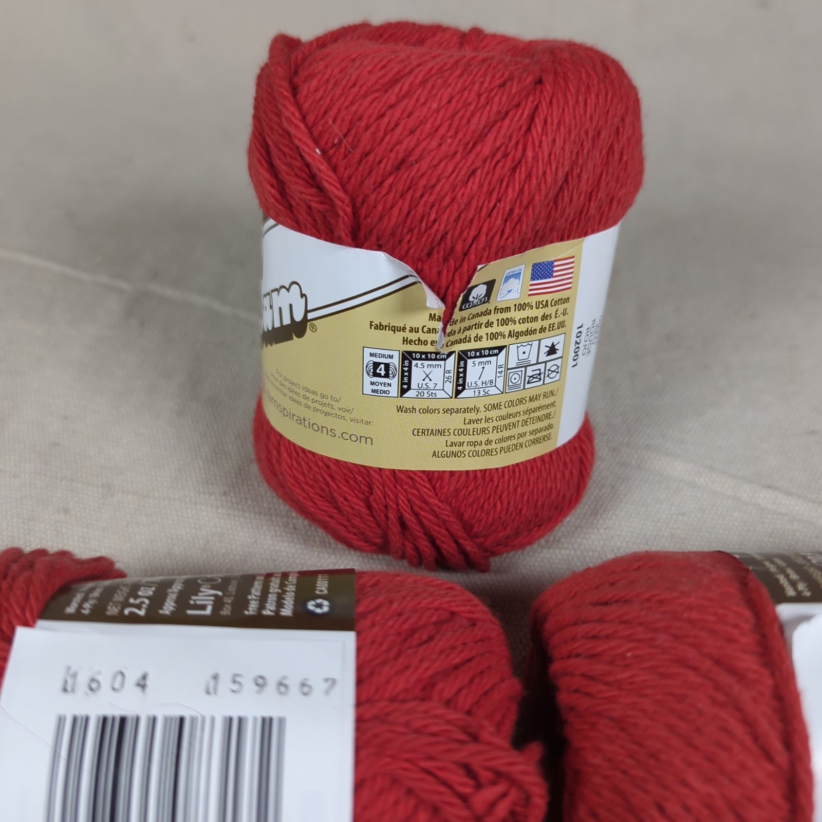 Lily Sugar ‘n Cream Cotton Yarn Red Lot 3 skein 4-ply 2.5oz / 120yds
