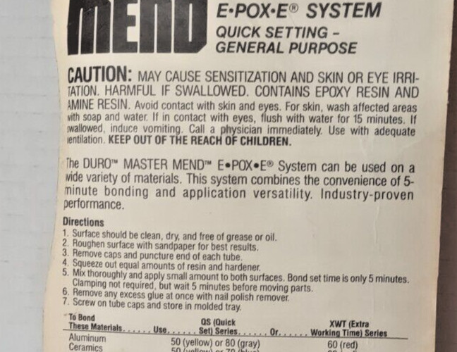 Vtg Duro Master Mend Epoxy Glue Resin Hardener Sealed Package 1983 E-POX-E