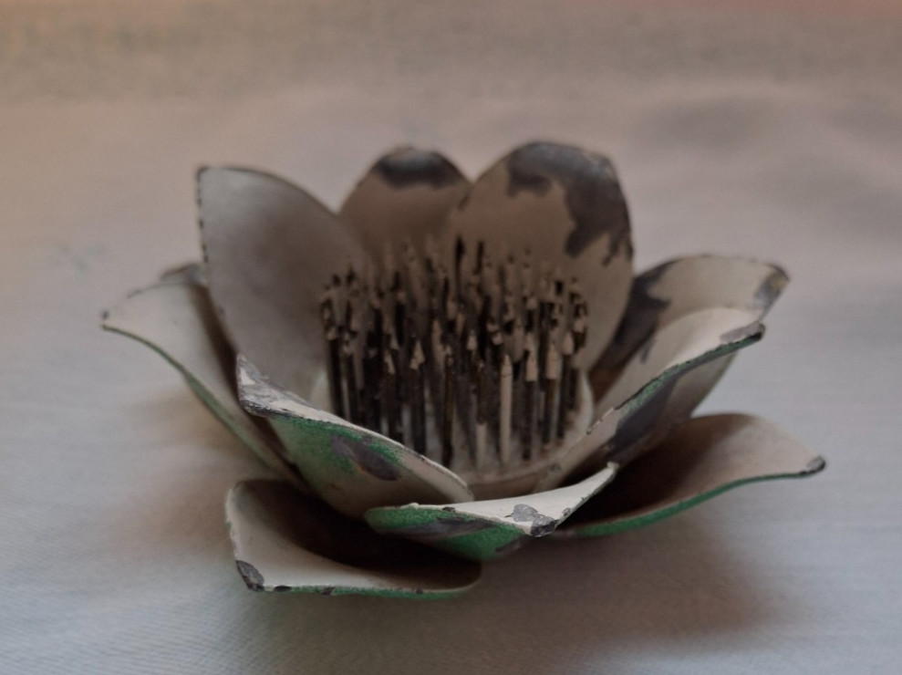 Vintage Heavy Metal Water Lily Lotus Figure Pin Flower Frog