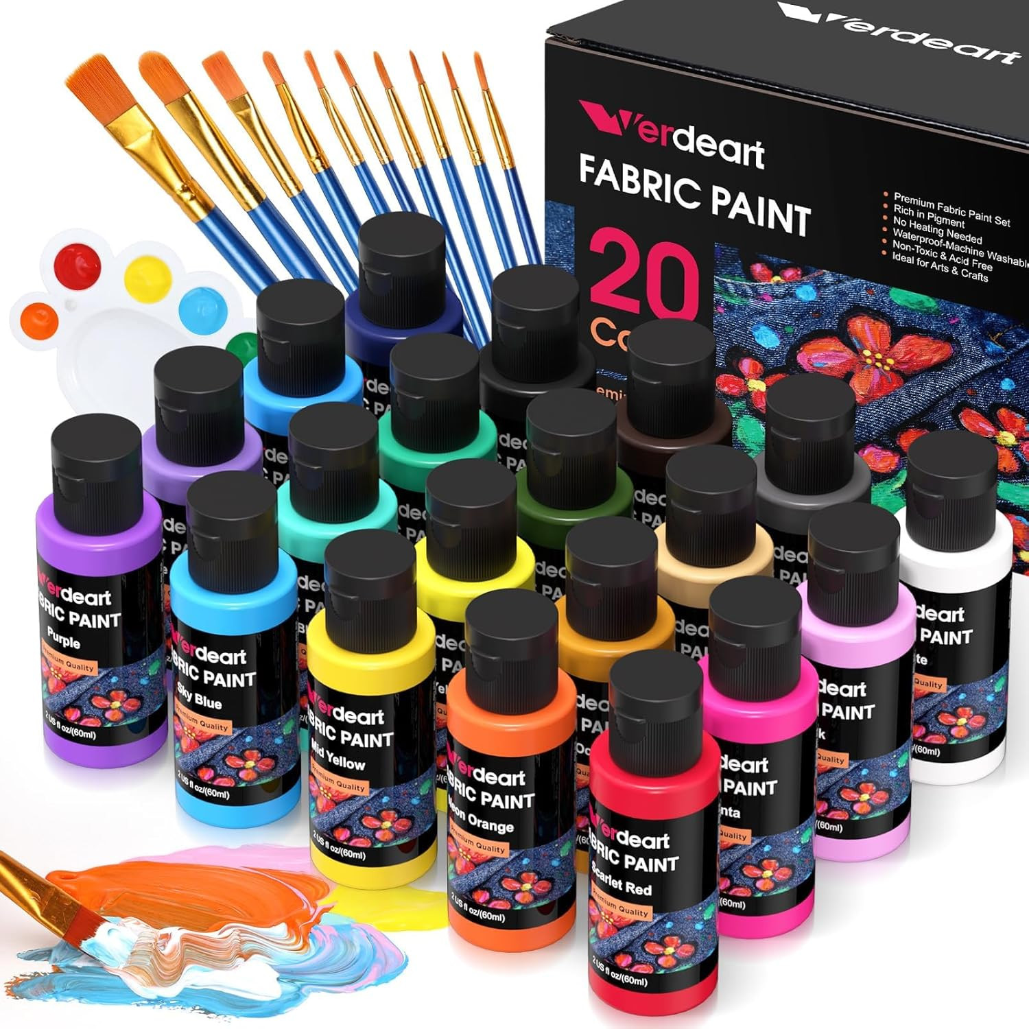 Fabric Paint, 20 Colors Permanent Soft Fabric Paint Set for Clothes in Bottles (