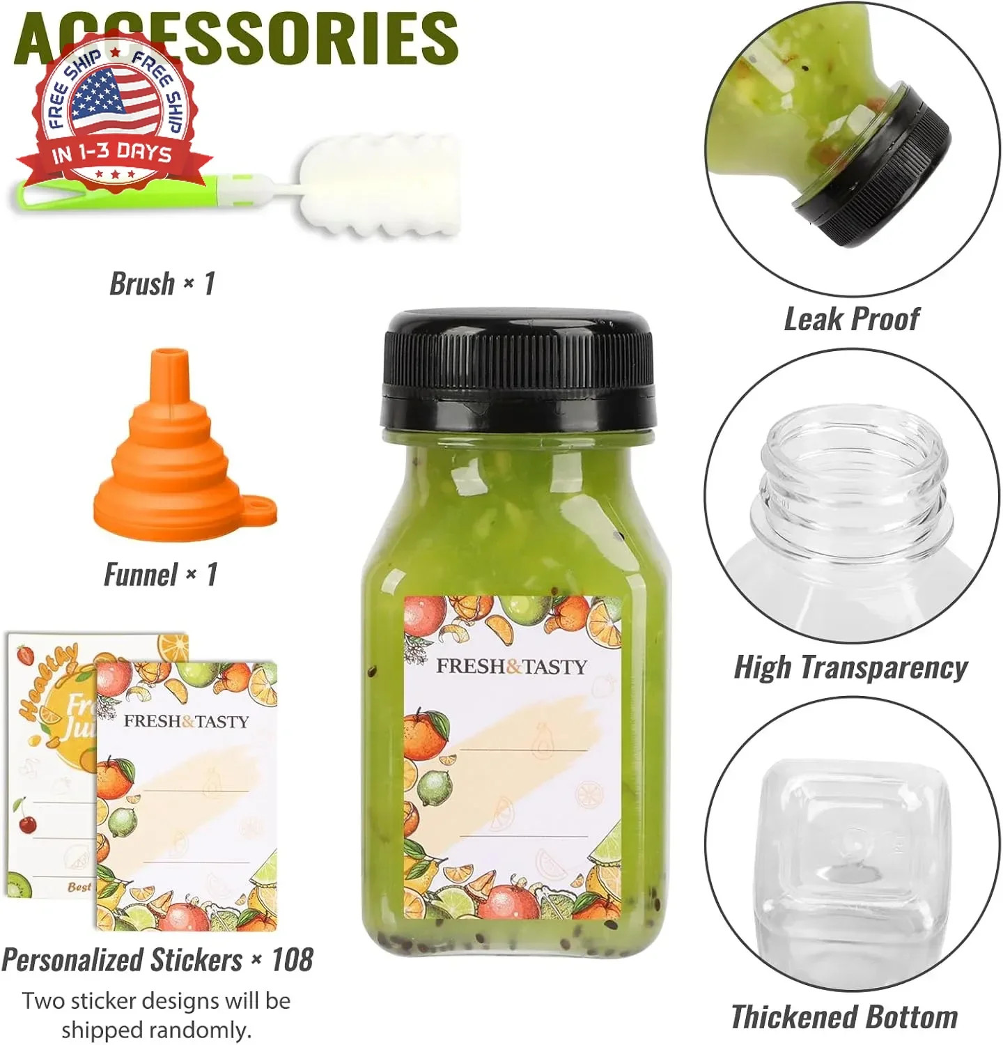 100pcs 4oz Plastic Juice Bottles with Caps, Sticker Labels, Brush | Reusable Sma