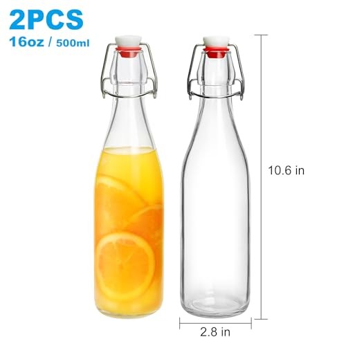 2 Pack Swing Top Glass Bottles 16oz, Flip Top Glass Bottle with Airtight Lid