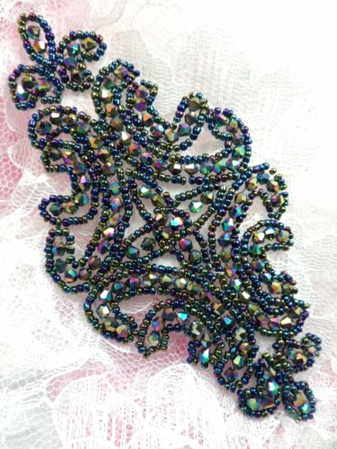Designer Black AB Glass Beaded Applique Iron On DIY Hair Accessories 6″ JB159
