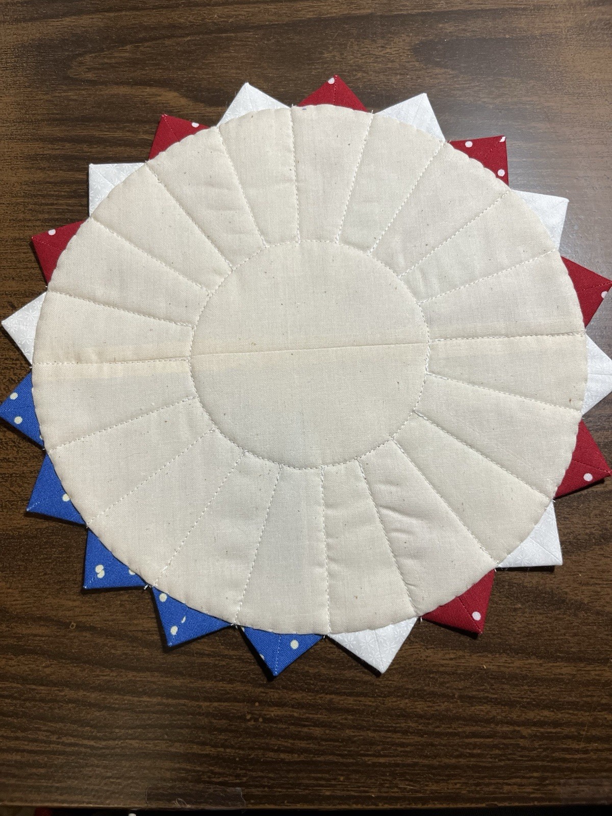 Handmade Quilted 10” Patriotic Red White Blue Rustic Farmhouse Table Topper, NEW