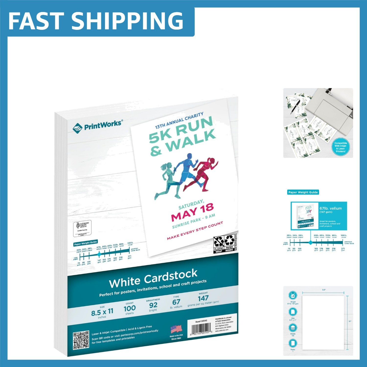 67 lb White Cardstock 8.5×11 – 100 Sheets, SFI Certified for Eco-Friendly Use