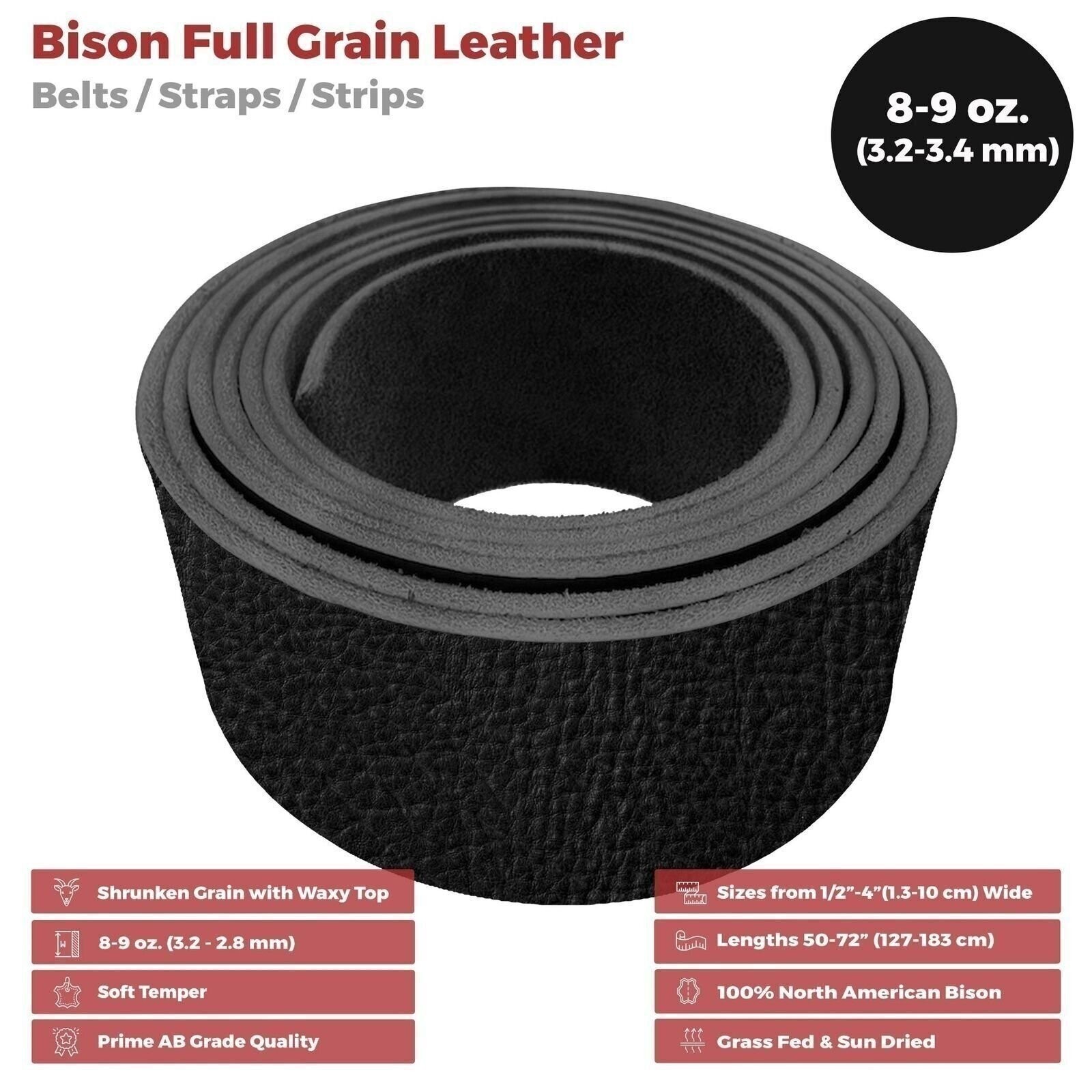 ELW Full Grain Leather Bison Strap 8-9oz (3.2-3.4mm) Thickness 50″ to 84″ Length