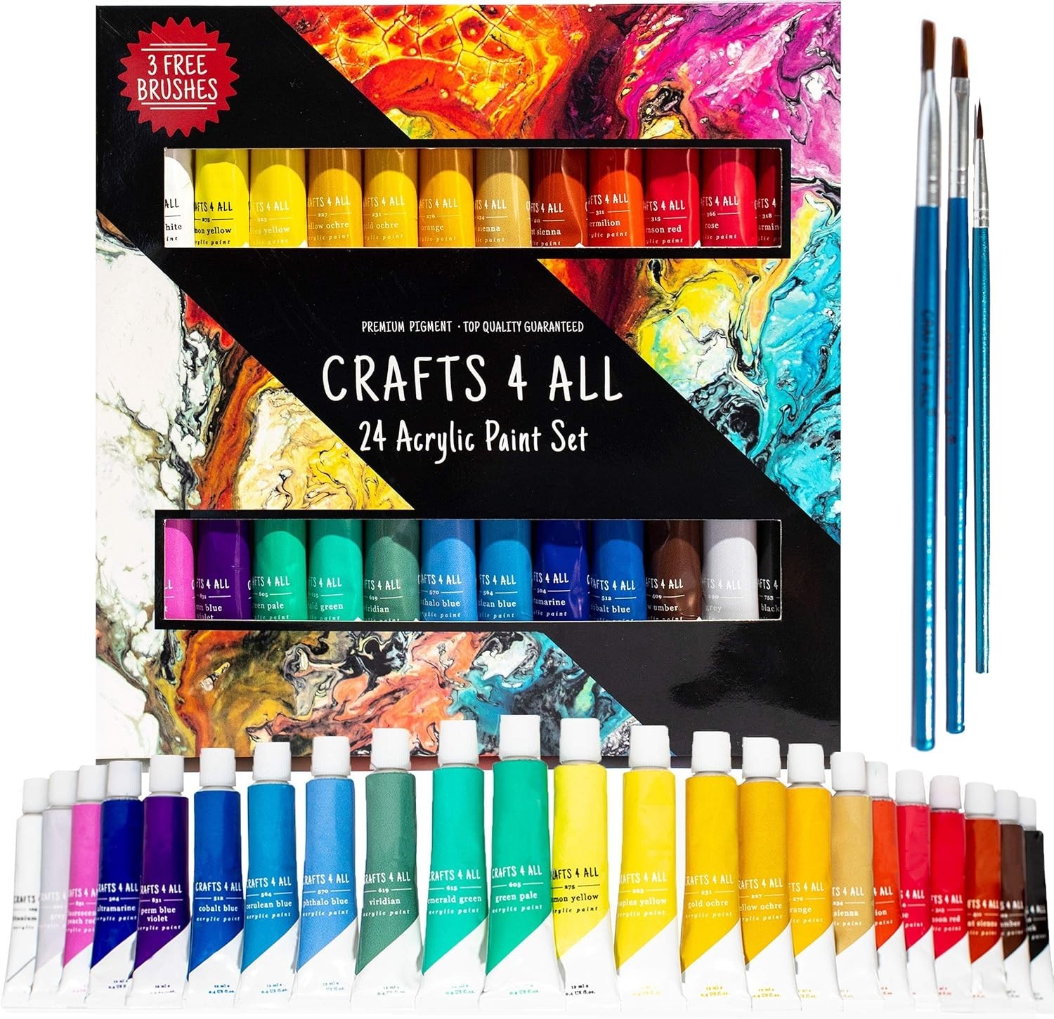 CRAFTS 4 ALL – 24 Acrylic Paint Set + 3 Brushes, 0.4 oz Each