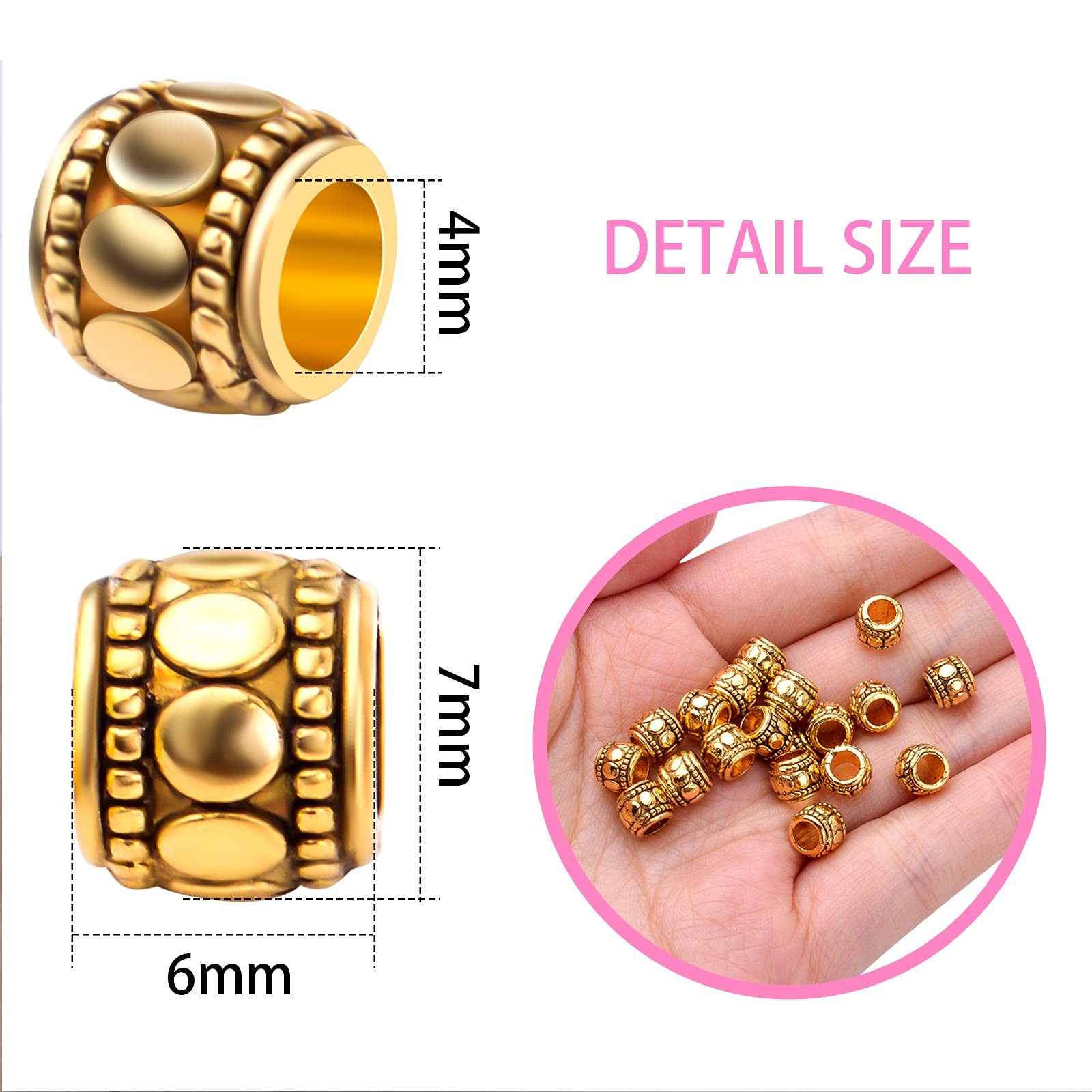 100pcs Antique Gold Large Hole Spacer Beads Tibetan Alloy European Barrel Bea…