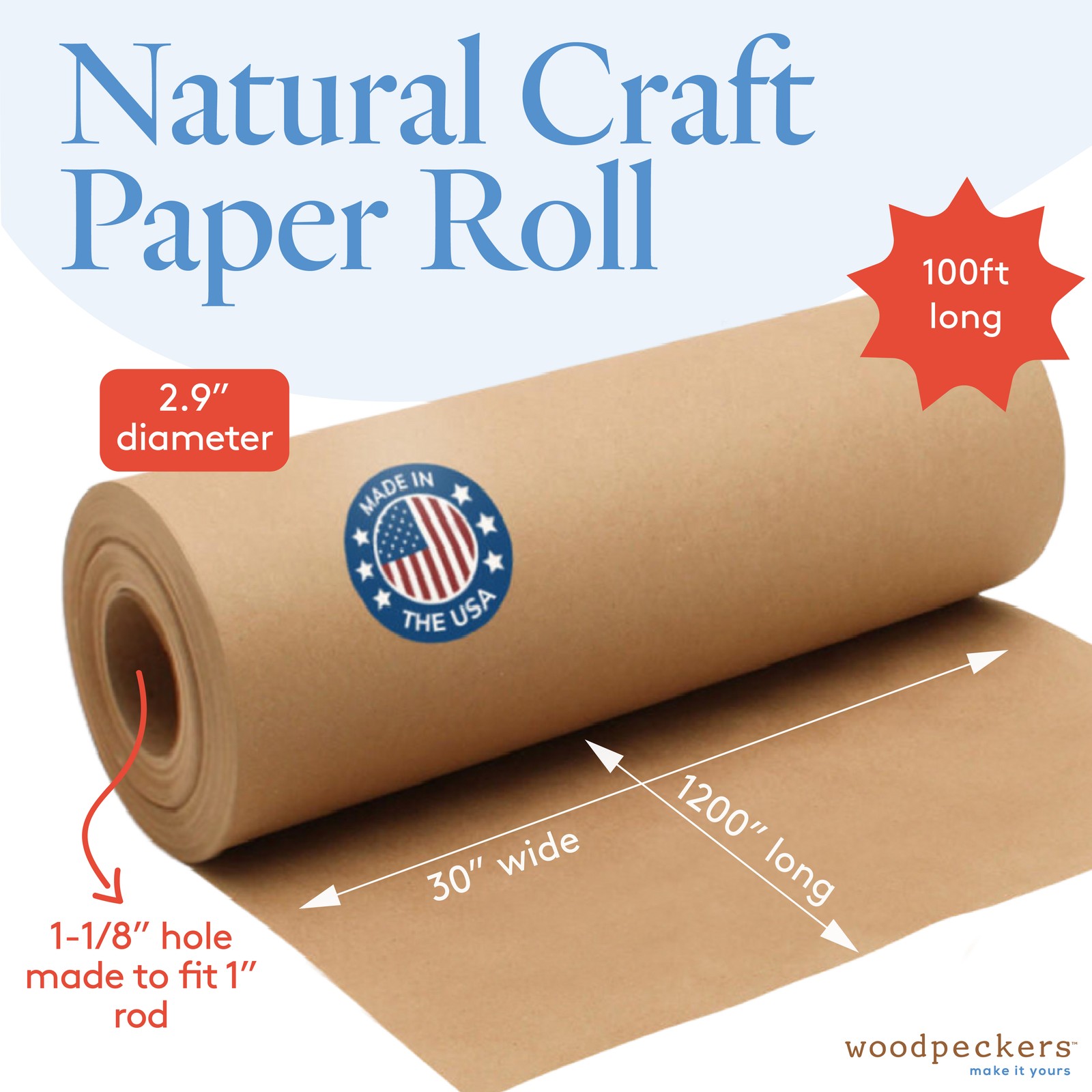 Jumbo Brown Craft Paper Roll 30” Wide, 1200” Long, for Gift Wrap| Woodpeckers