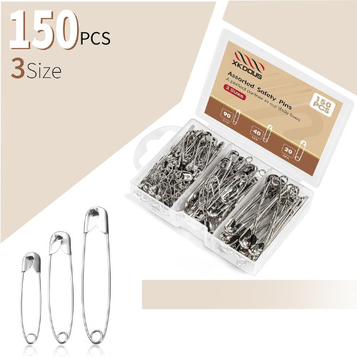 Safety Pins – 150 Pcs Assorted Sizes Silver Pins Bulk – Small & Large Heavy Duty