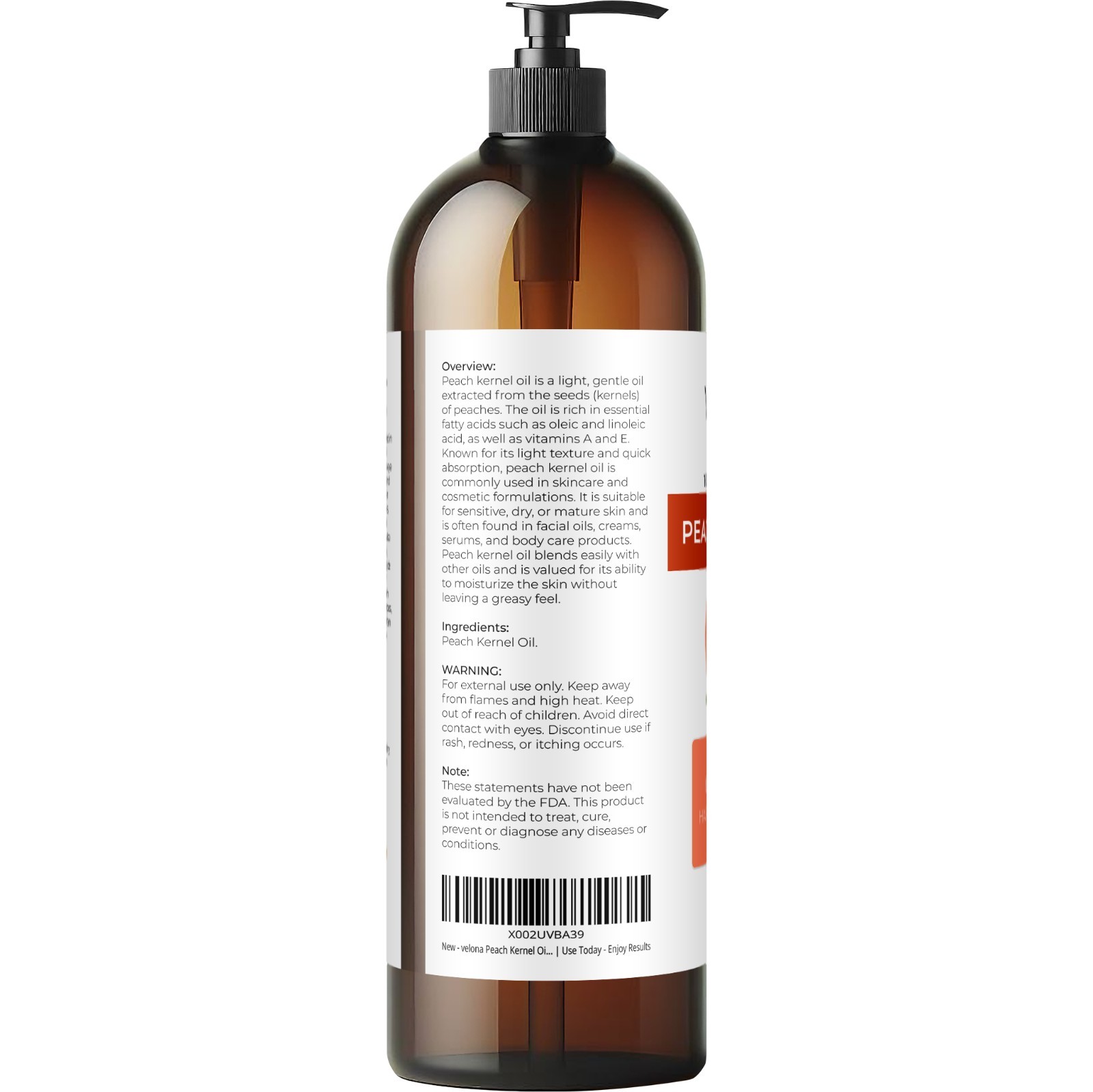 Peach Kernel Oil By Velona – 32 Fl Oz Refined Expeller pressed Skin, Hair Body