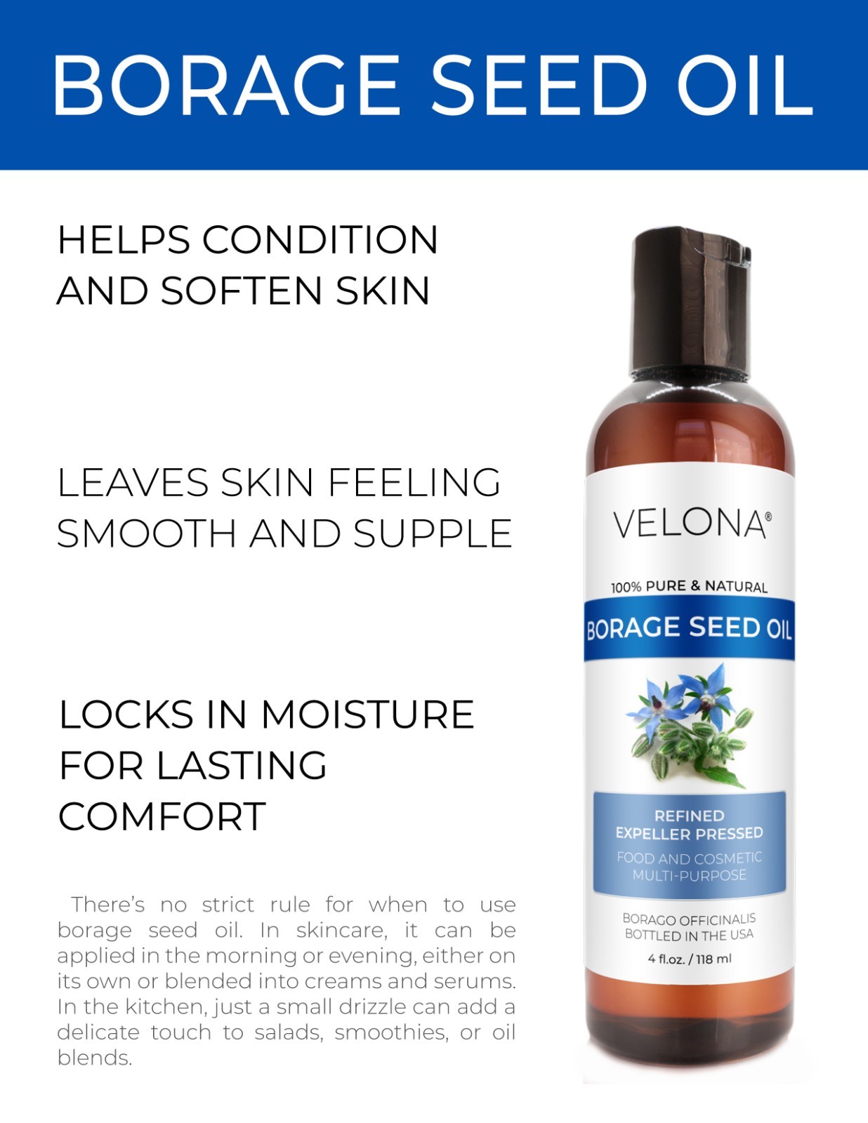 Borage Seed Oil by Velona – 4 oz Refined, Expeller pressed, Skin, Body, Hair