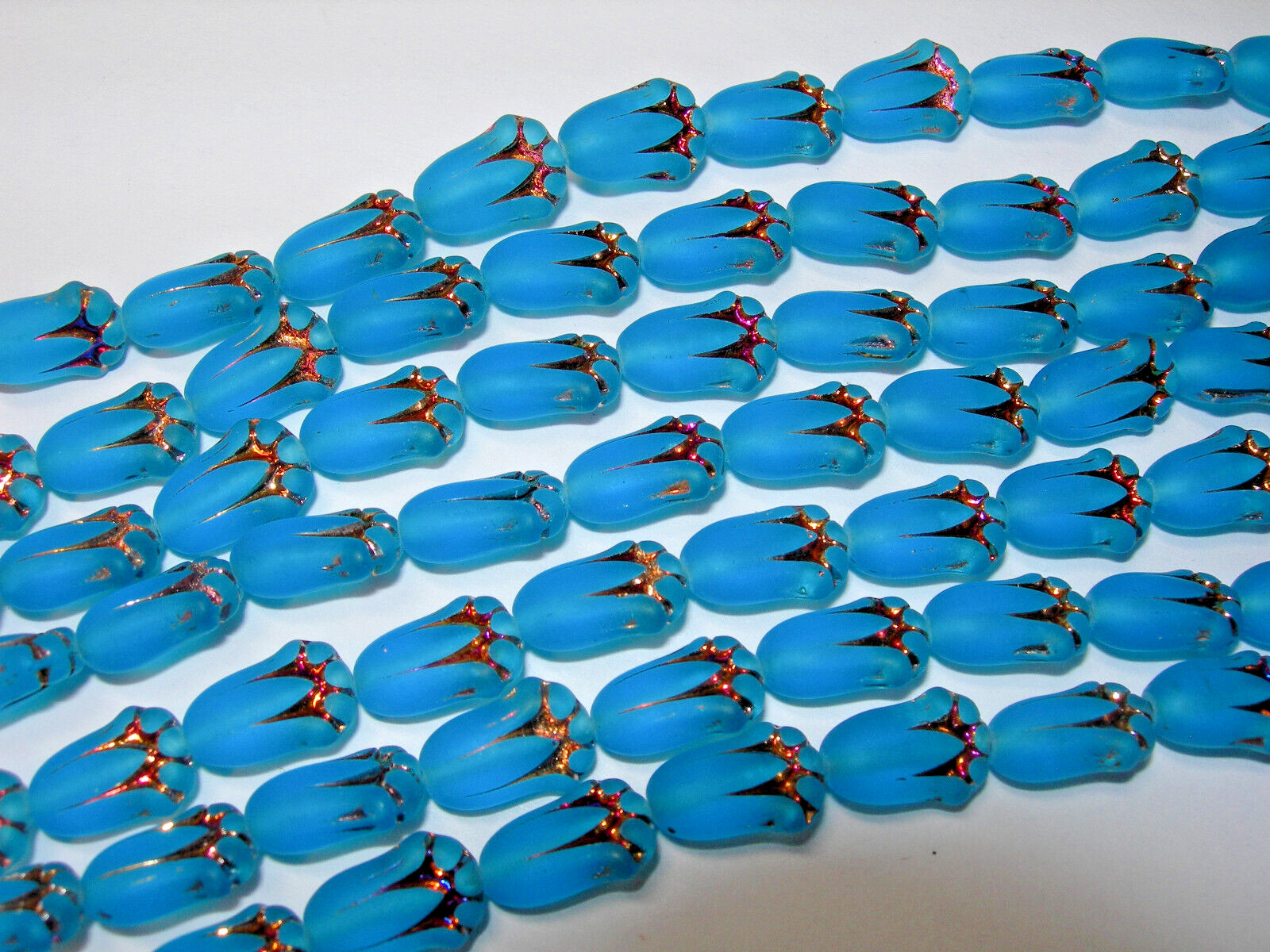 12 beads – Matte Capri Blue with Metallic Czech Glass Tulip Flower Beads 10x7mm