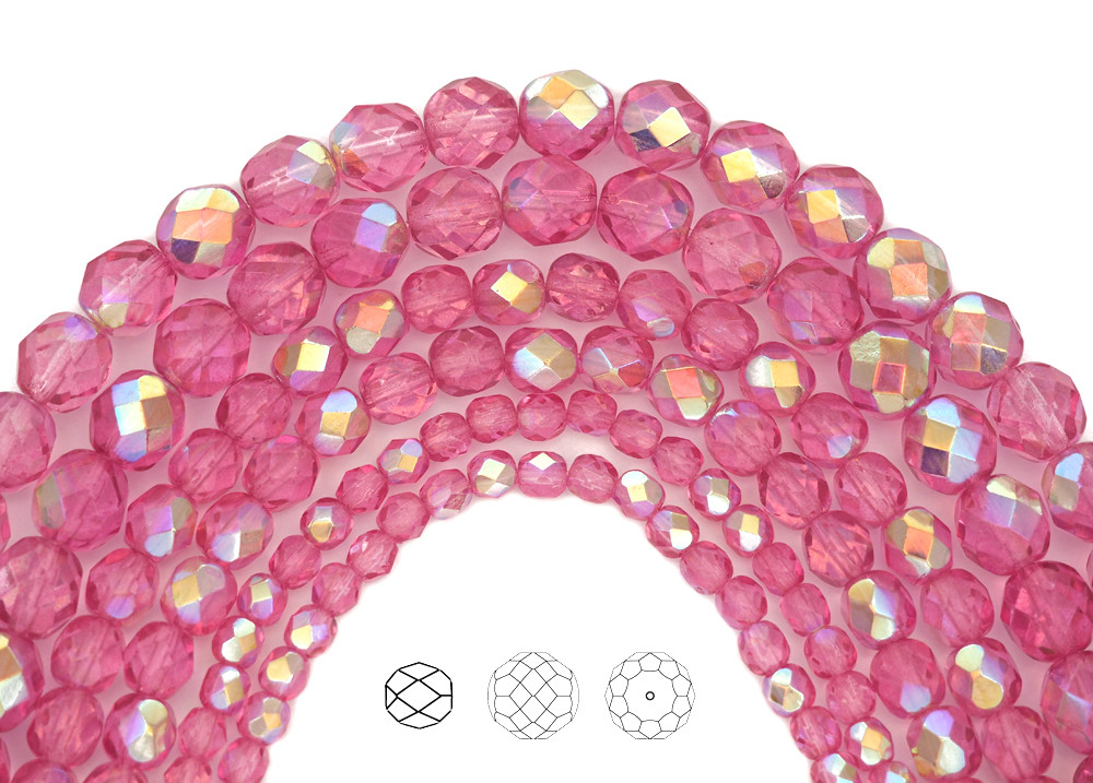Czech Glass Fire Polished Round Faceted Beads in Crystal Pink Rose AB coated 16″