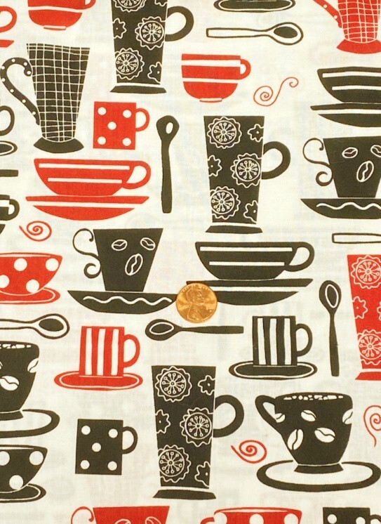 12″ x 30″ Remnant Red & Black Tea Cups on White Cotton Fabric by Blank Quilting