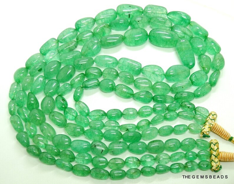 Natural Zambian Emerald Tumble Beads Necklace 8–22mm | 15″Inch Strand | Emerald