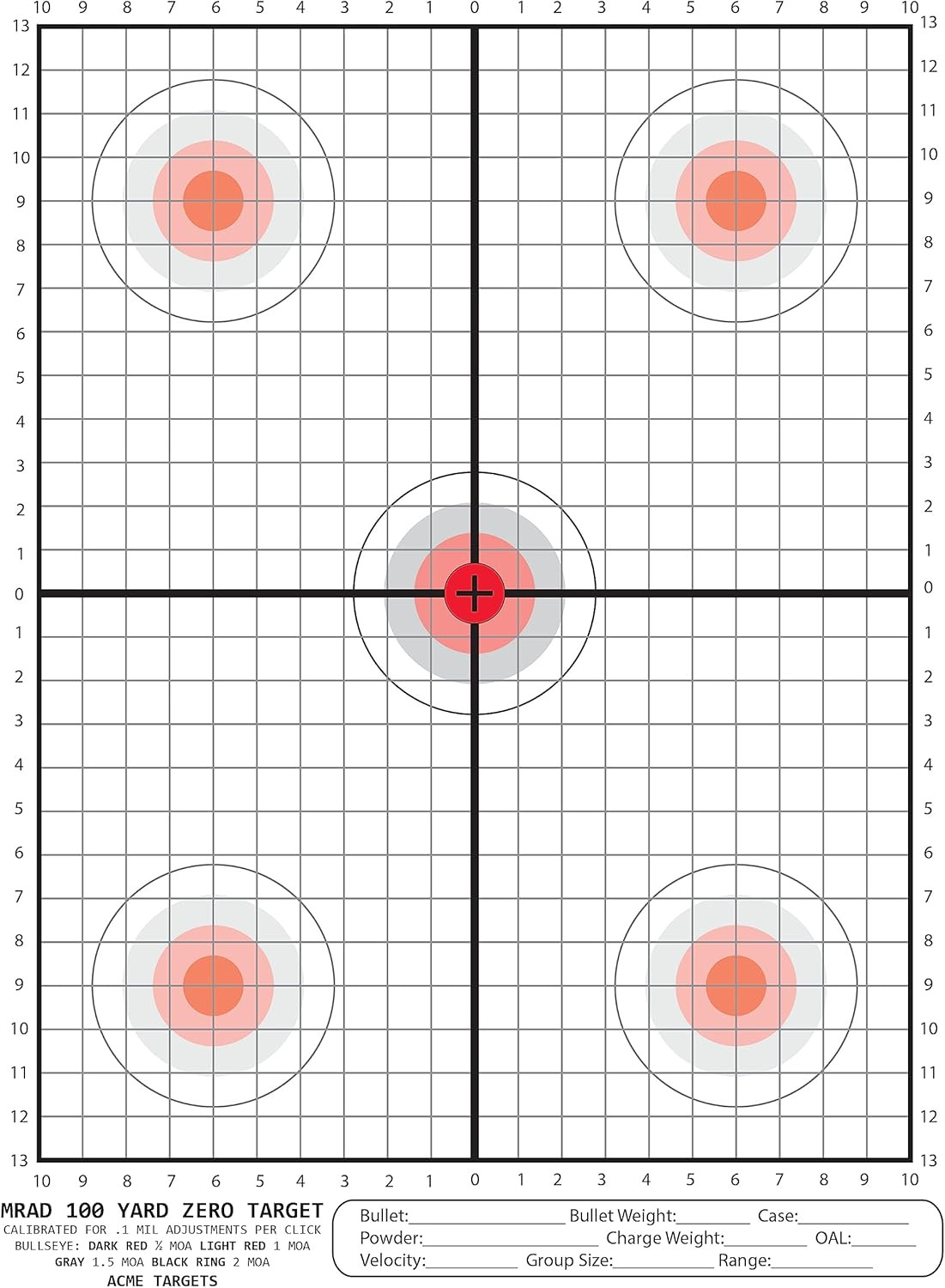 MRAD 100 Yard Zero Target Calibrated for .1 Mil Adjustment per Click. 100 Yard S