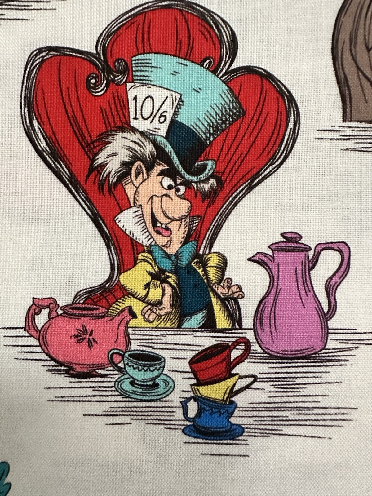 Alice Wonderland White Rabbit Queen/Hearts Mad Hatter Tea Pots Cat 1/3 Y Fabric