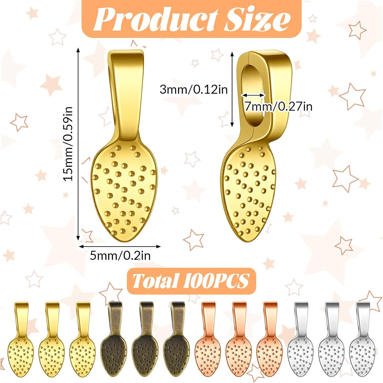 100 PCS Spoon Glue on Bails for Jewelry Making, Flat Pad Pendant Bail, 4 Colors