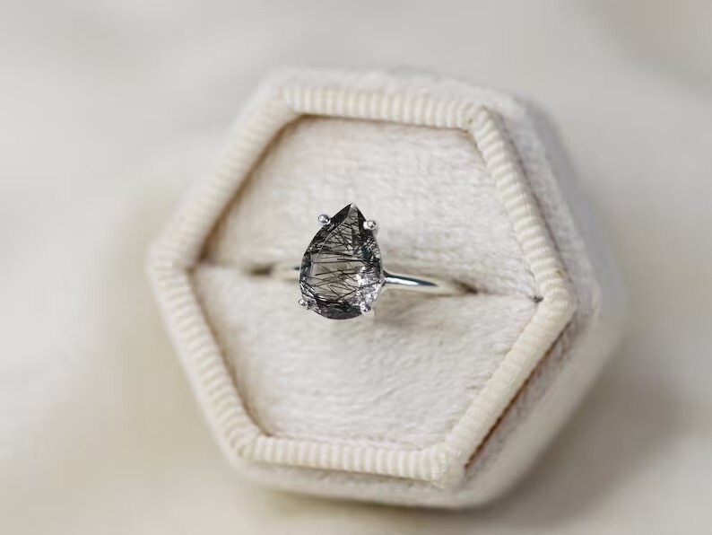 Pear Shaped Black Rutile Quartz Ring – Minimalist Silver Ring for Her