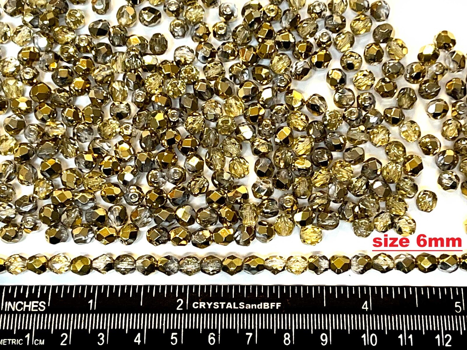 Czech Glass Fire Polished Round Faceted Beads Crystal Amber 2-sided Gold Half