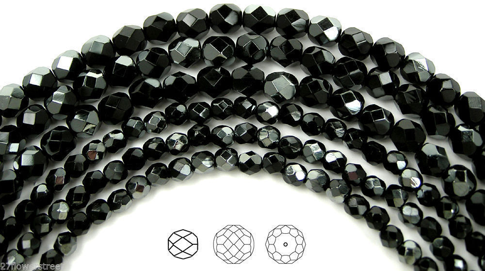 Czech Fire Polished Round Faceted Glass Beads in Jet Hematite Half coated, 16″