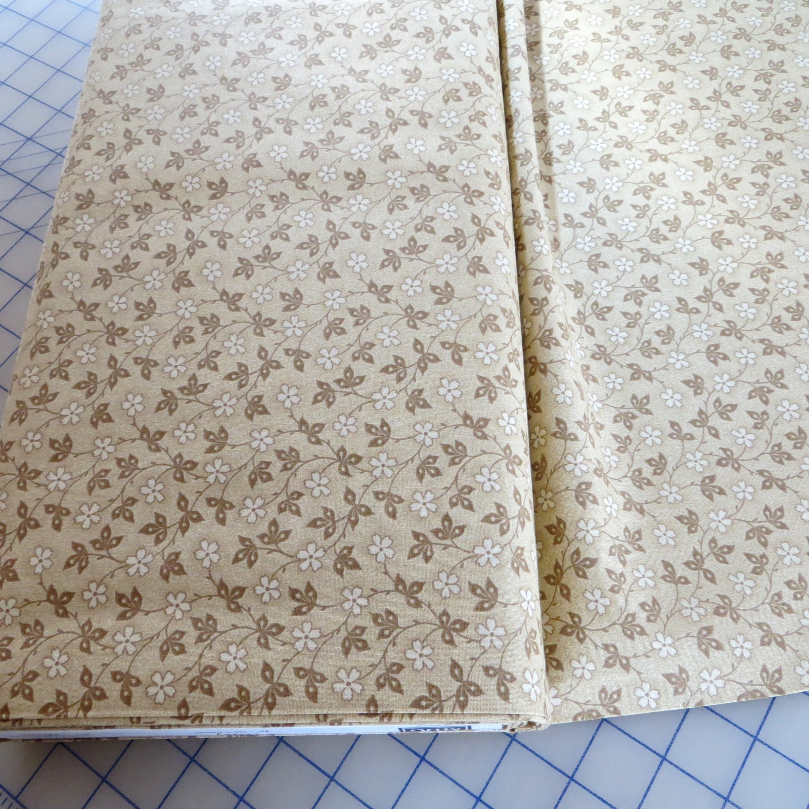 Yard, Tiny Tan Leaves & Flowers on Tan Cotton $3.99 Ships Any Amount Of Fabric.