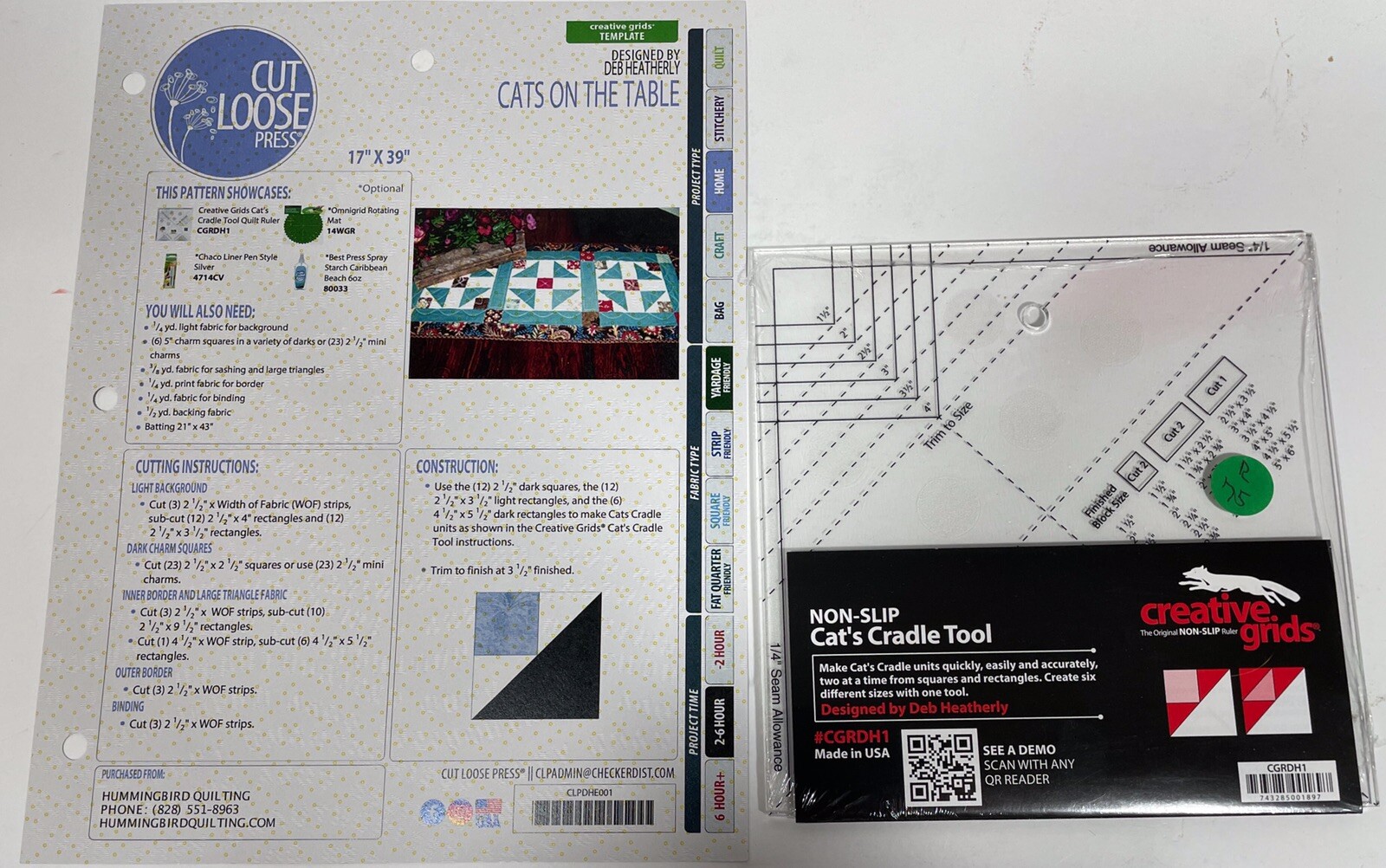 Creative Grids Cat’s Cradle Tool Quilt Ruler Non Slip Deb Heatherty + Pattern