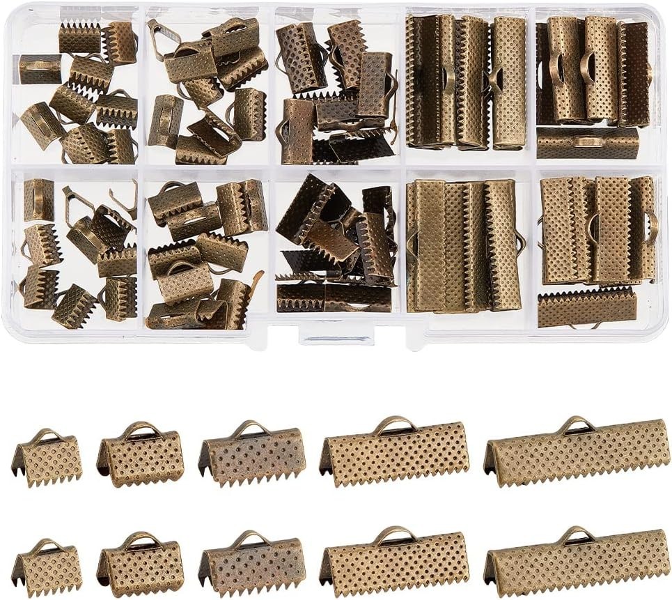Assorted Sizes Antique Bronze Ribbon Clamp End Crimps for Jewelry Craft 100pcs