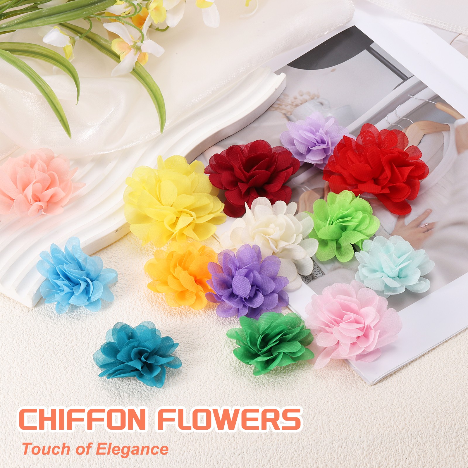 Chiffon Flowers Sewing Fabric Appliques for Crafts 2 Inch & 15 Pack & White