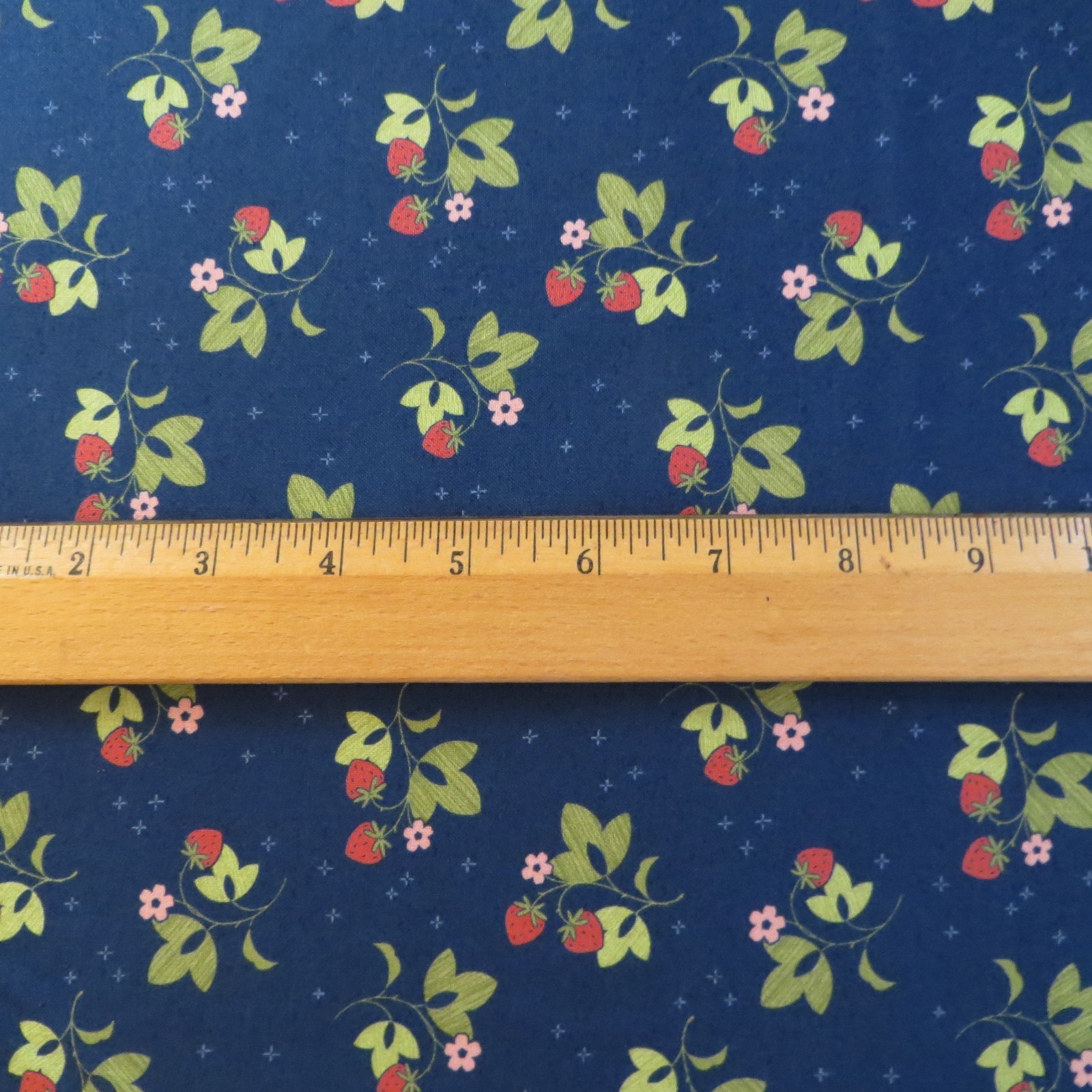 Yard ~ Tossed Strawberries On Navy Blue by Marcus $3.99 Ships ANY Amount Fabric