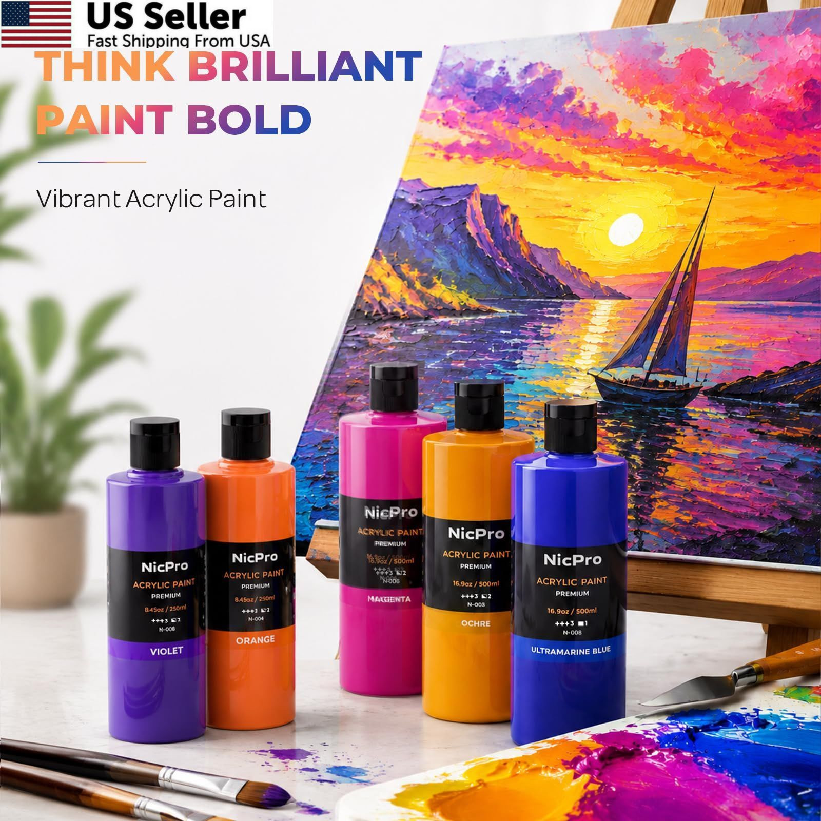 Nicpro 14 Colors Large Bulk Acrylic Paint 16.9 Fl Oz (Pack of 14), 14