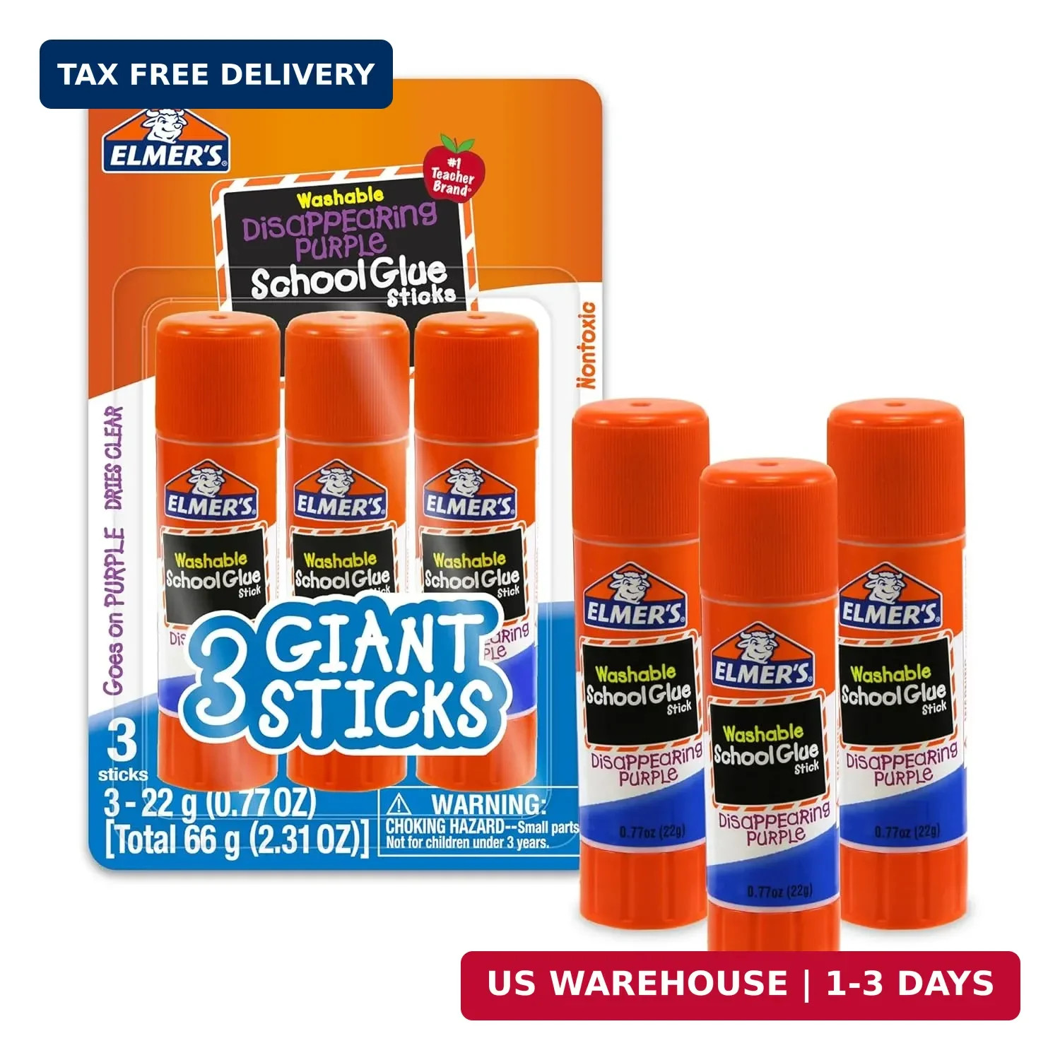 Elmer’s Disappearing Purple School Glue Sticks, Washable, 22 Grams, 3 Count – Po