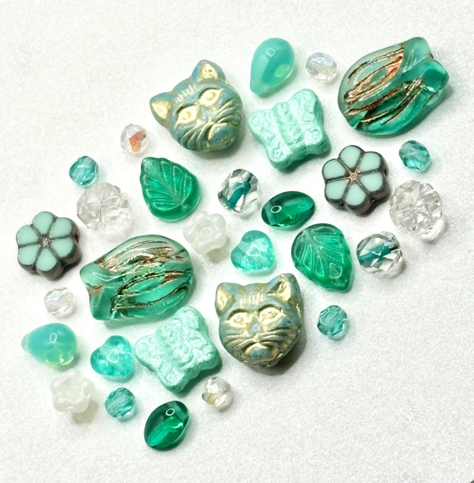 30 Czech Beads – ALL CZECH GLASS BEAD MIX Turquoise/Gold Mixed Czech Glass Lot