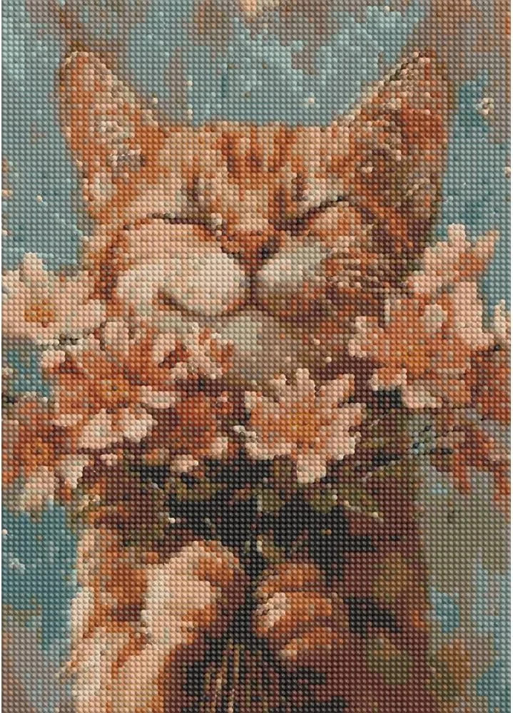 Smiling Orange Cat with Flowers Diamond Painting Kits for Adults, Ginger Cat Dai