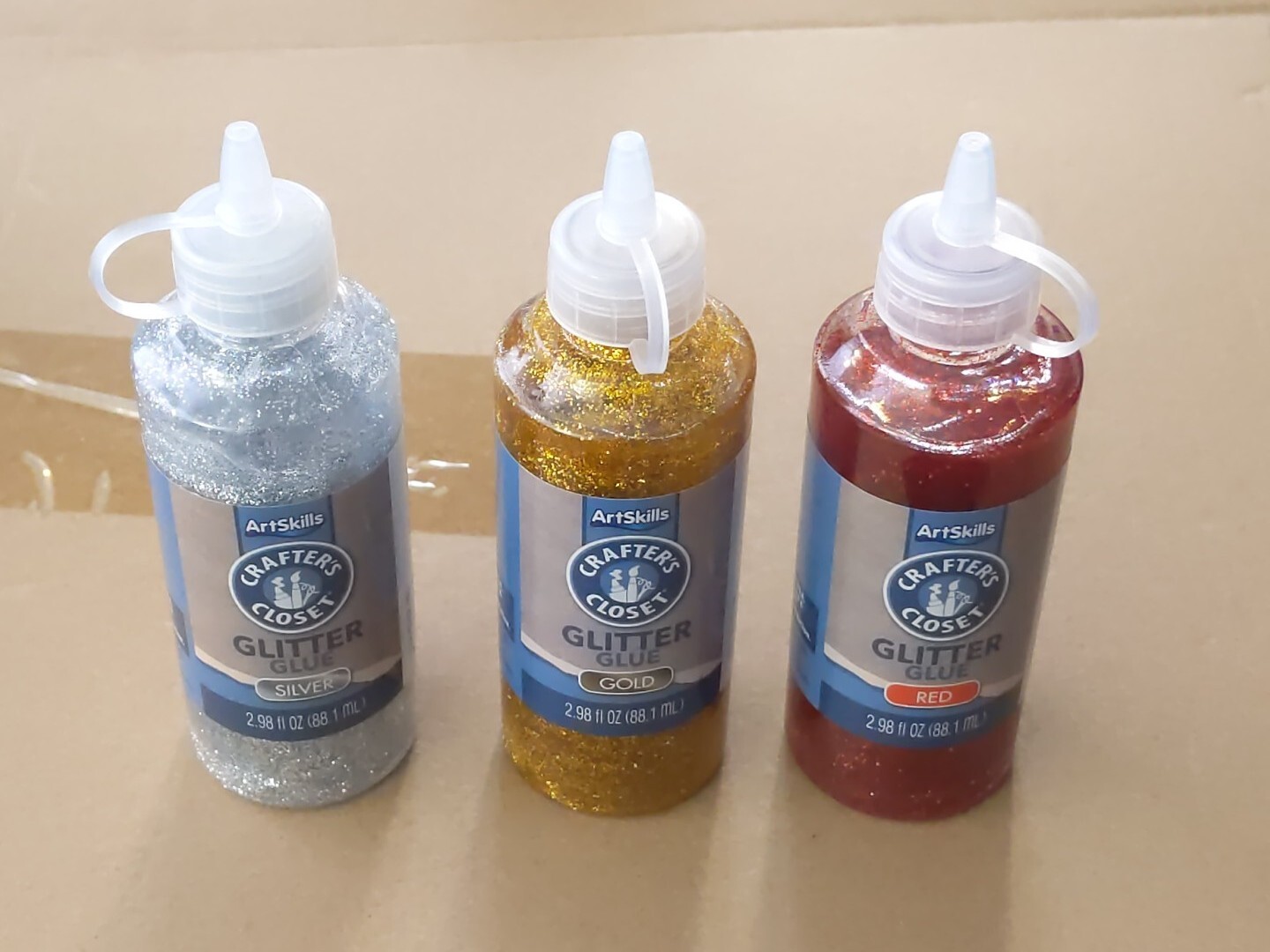 Glitter Glue 3 ART SKILLS Crafters Closet RED GOLD SILVER Each 2.9 oz Lot Of 3