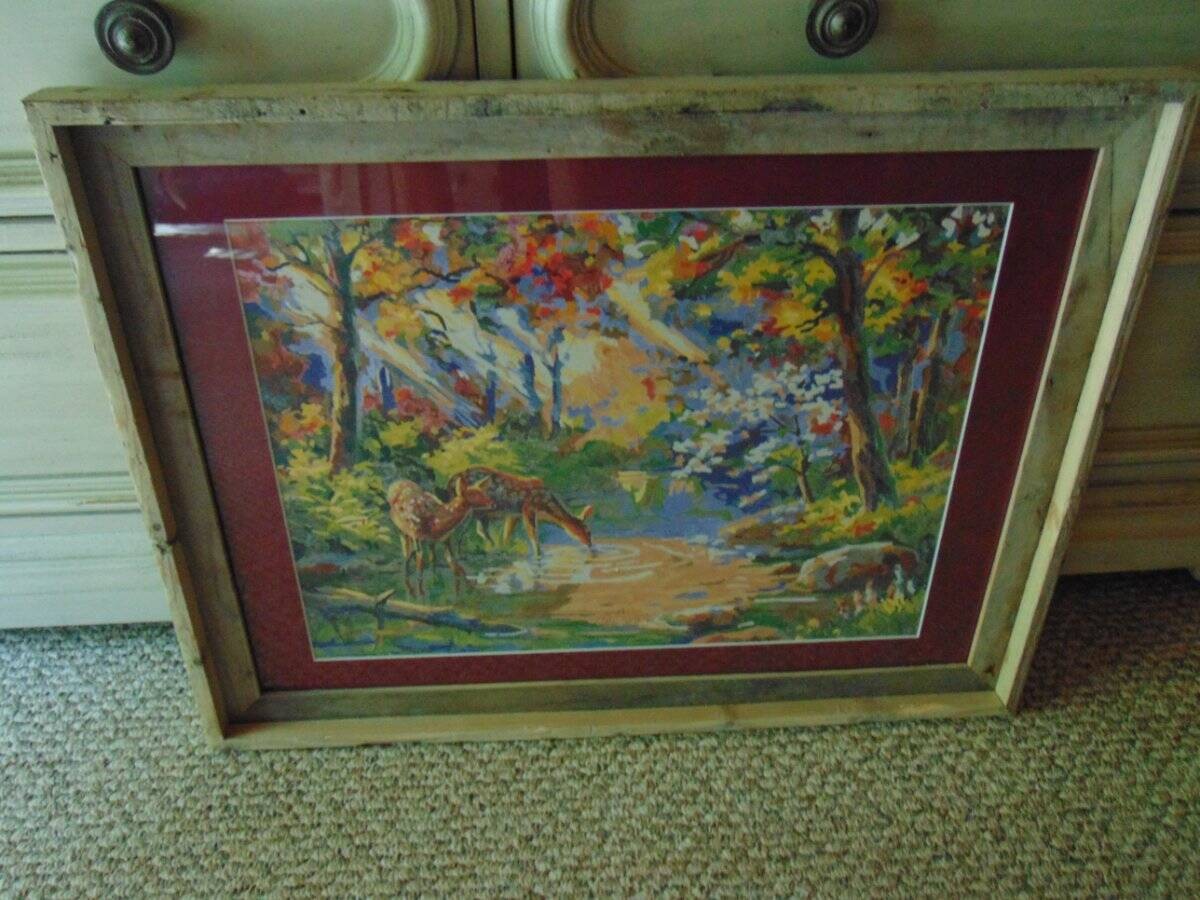 FRAMED DEER PAINT BY NUMBER signed Steve Davis custom wood frame matte & glass
