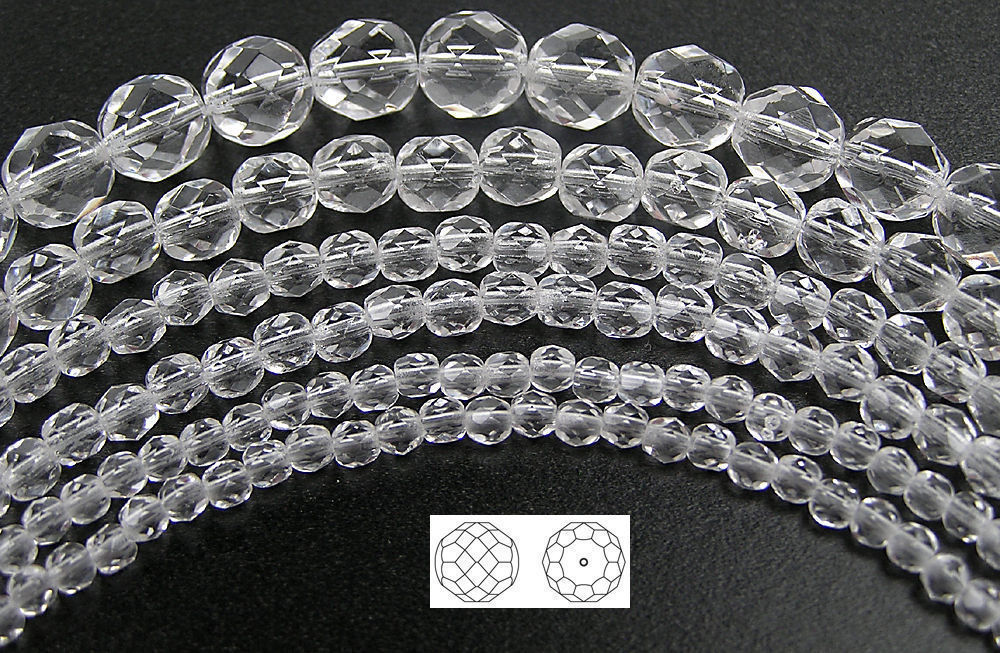 Czech Fire Polished Round Faceted Glass Beads in clear Crystal, 16″ strand