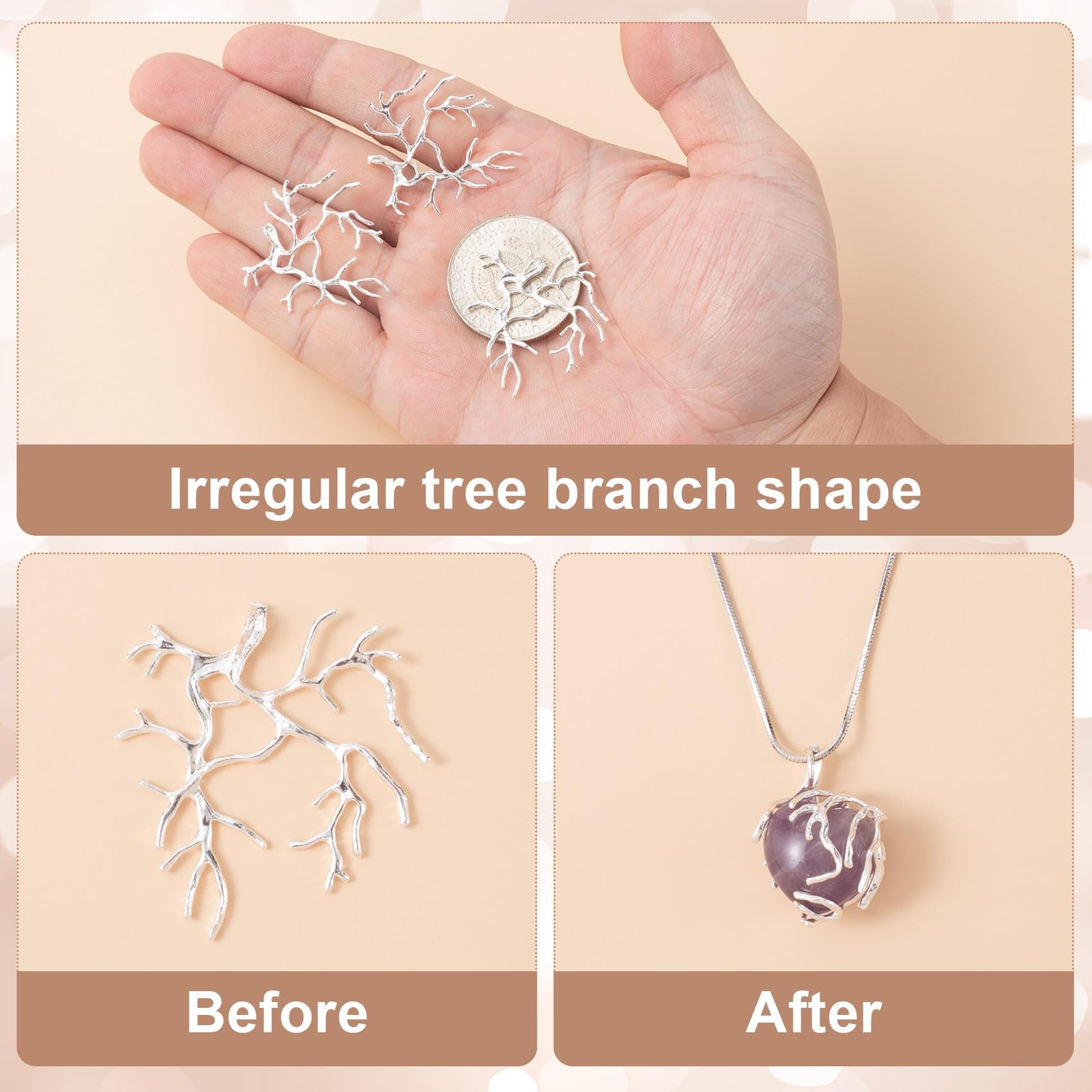 4 Pcs Branch Shape Blanks for Jewelry Making, Silver Brass Prong Pendant Setting