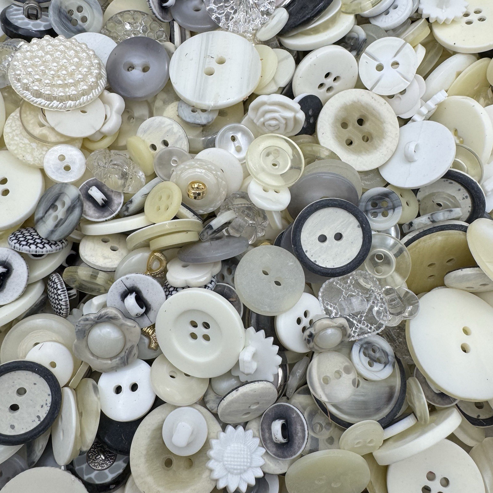 Mixed Lot WHITE, NATURAL, CLEAR, Premium Buttons All Sizes For Embellishments