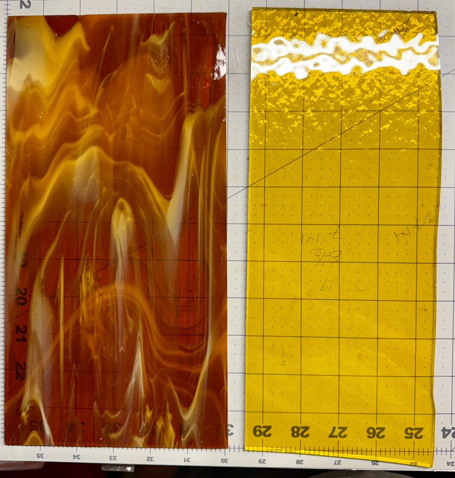 Stained Glass~Transparent Dk Amber Streaky~Med Amber Textured~Dk Amber Cathedral