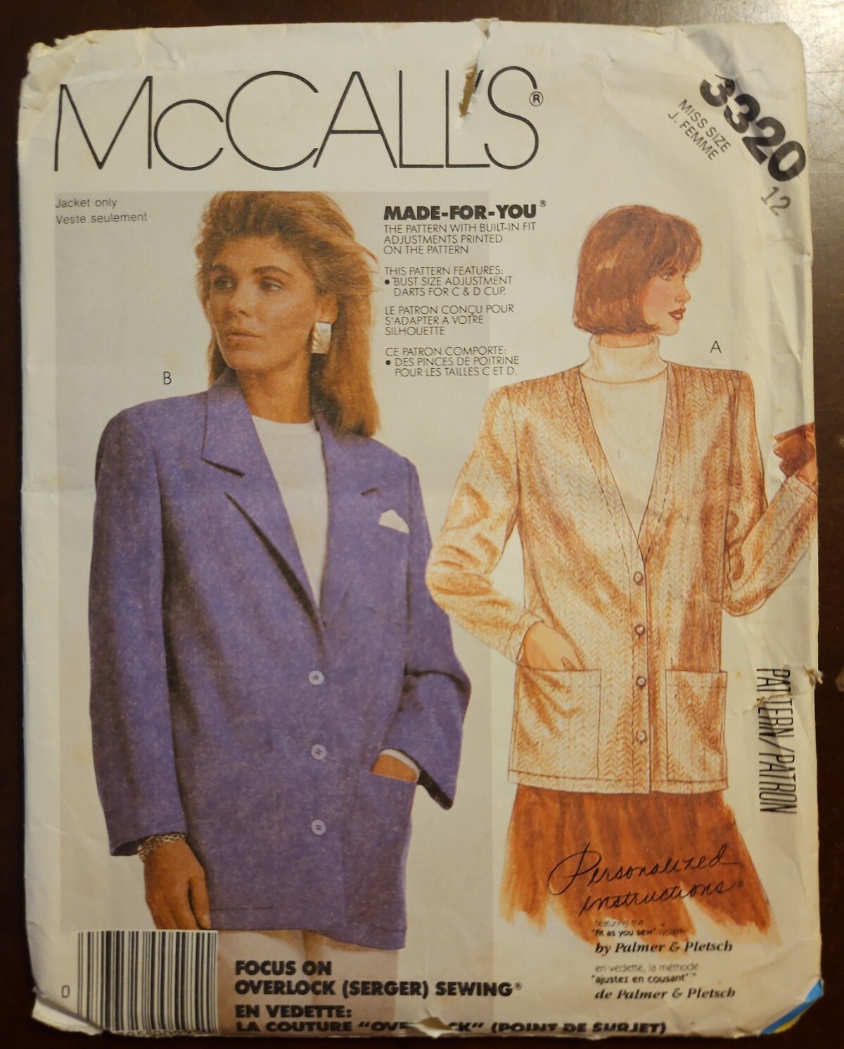 McCall’s # 3320 Size 12 Front Buttoned Jacket UNCUT Vintage Sewing Pattern